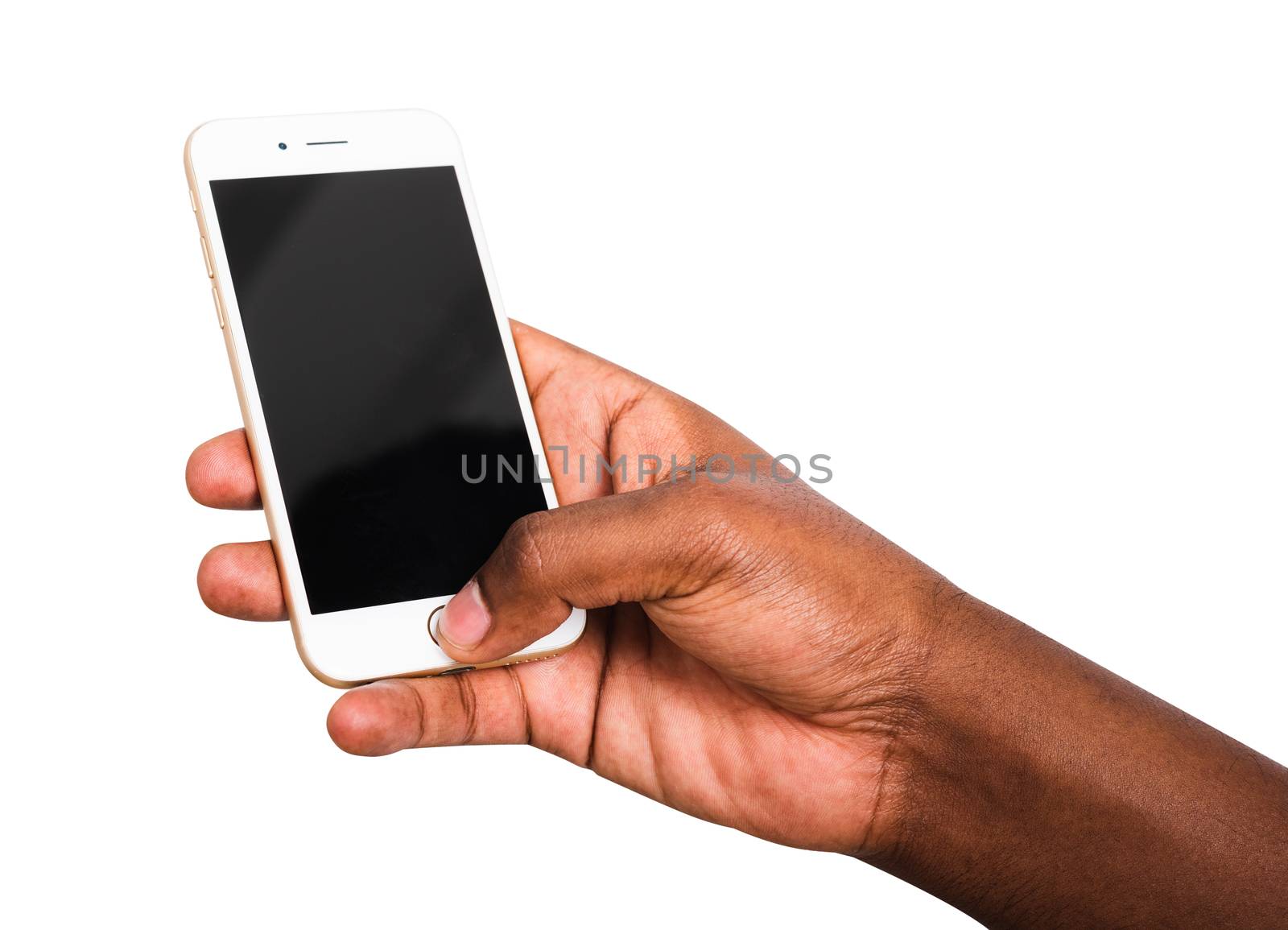 black man holding mockup white modern digital mobile smart phone by Sorapop