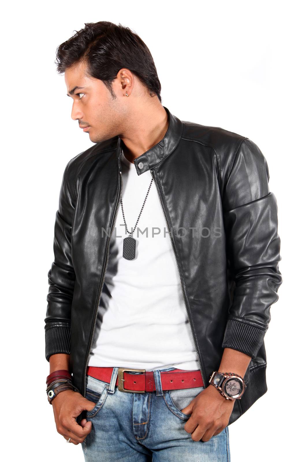 A young India male model posing in a leather jacket, on white studio background.