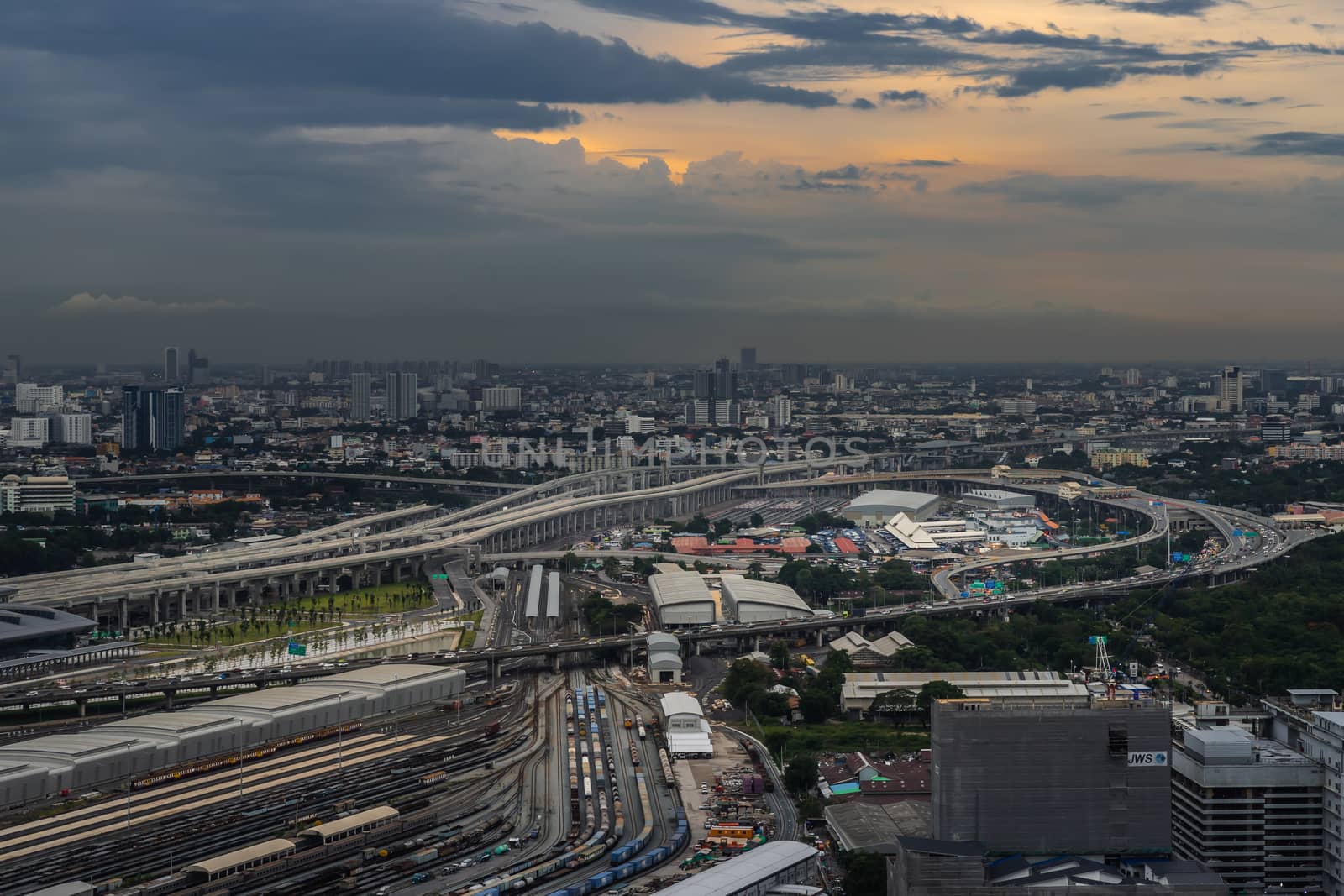 Bangkok, Thailand - Jul, 25, 2020 : Aerial view of Bang Sue central station, the new railway hub transportation building at evening. No focus, specifically.