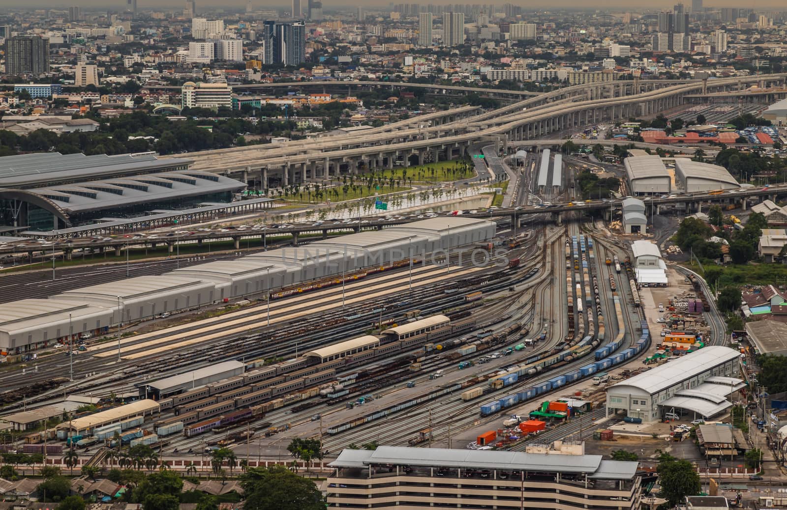 Bangkok, Thailand - Jul, 25, 2020 : Aerial view of Bang Sue central station, the new railway hub transportation building at evening. No focus, specifically.