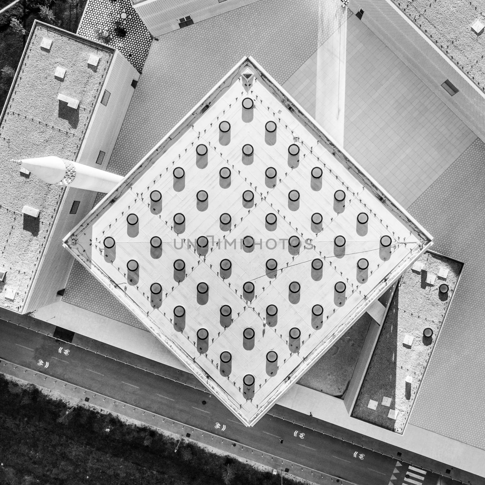 Top aerial view of modern archiecture of islamic religious cultural centre in Ljubljana, Slovenia, Europe. Black and white image by kasto