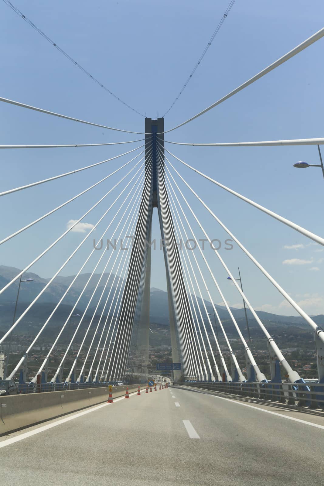 The Rio-Antirrio suspension bridge crossing Corinth Gulf in Greece