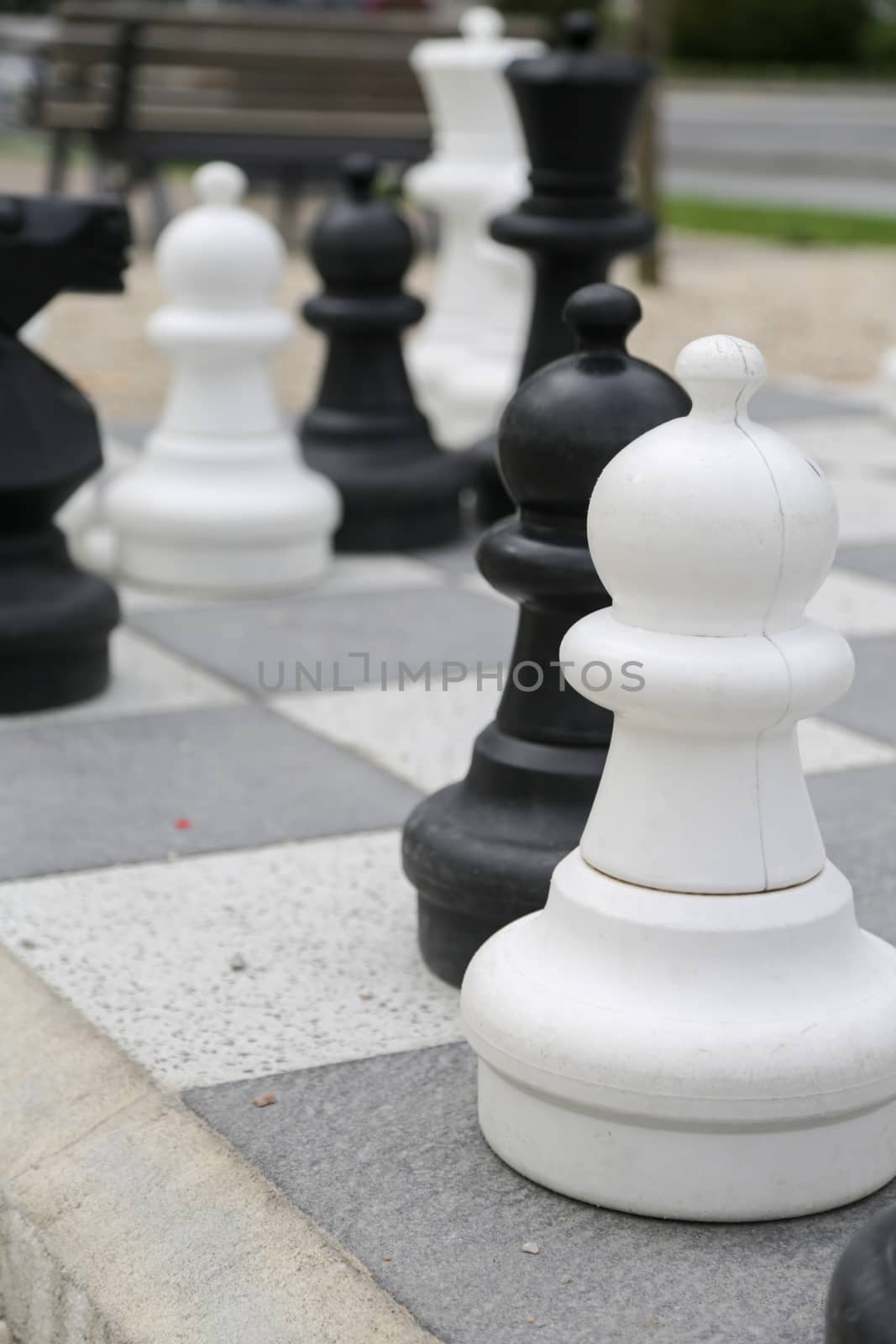 Black and white king on a chess board in open air