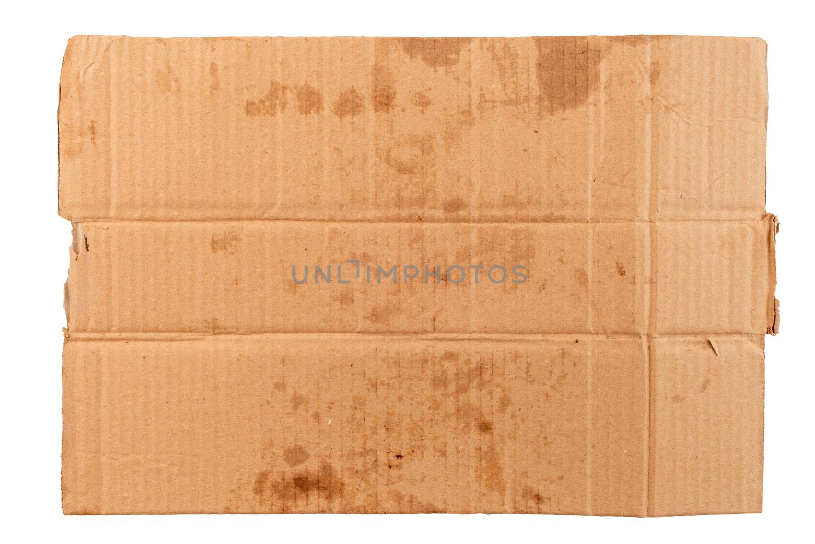 blank flat dirty sheet of brown cardboard - mockup for homeless placard, isolated on white background