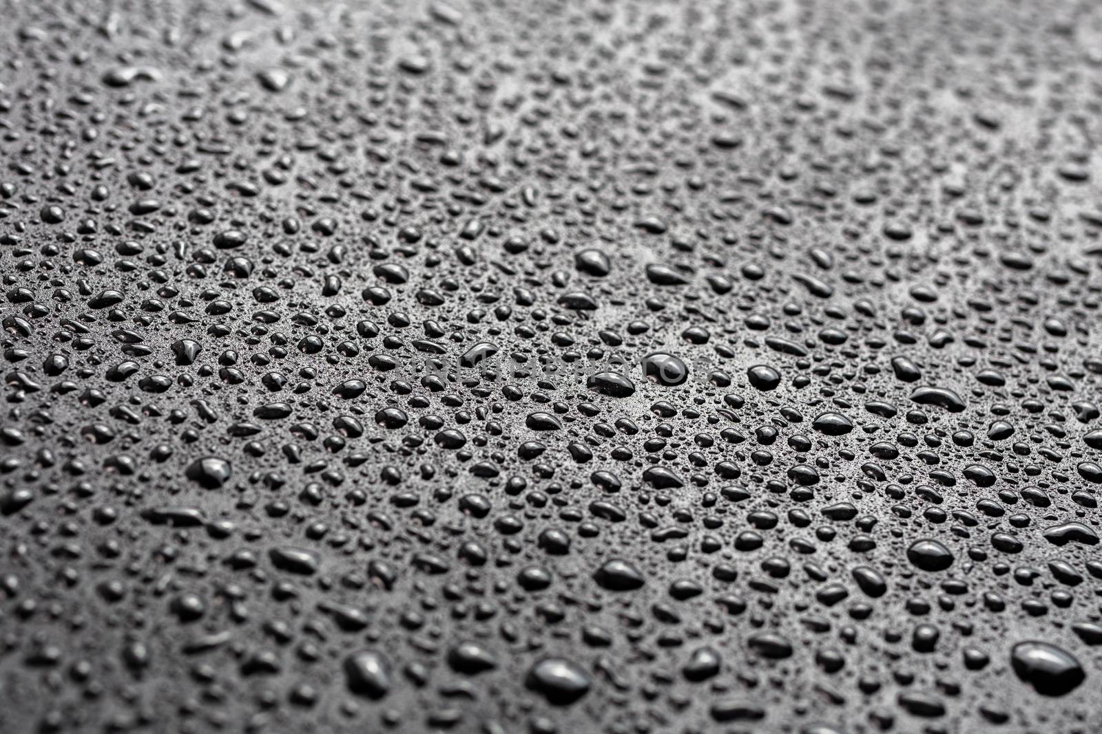 water drops on abstract flat black hydrophobic surface macro background with selective focus by z1b