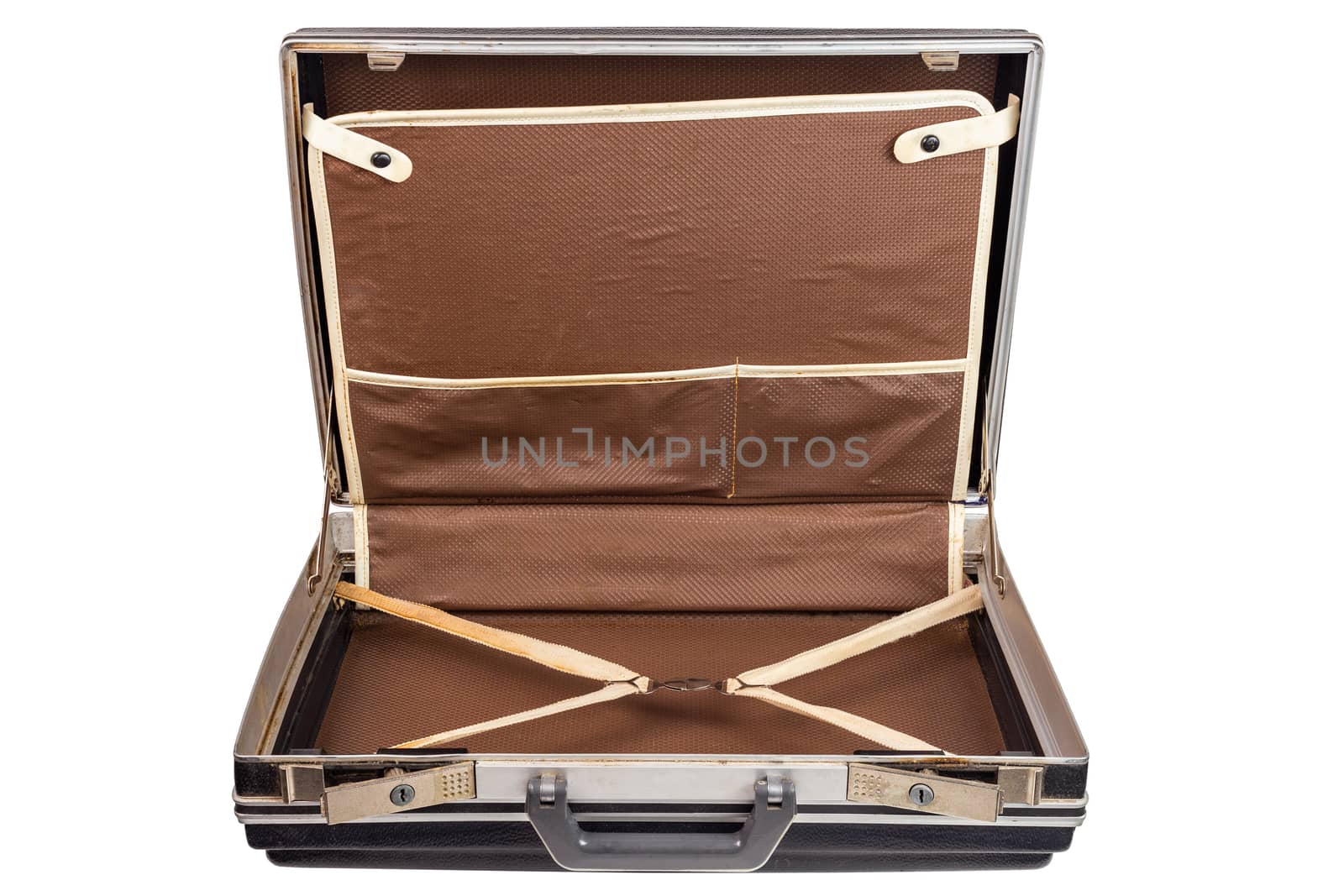 used and dirty old fashion black plastic suitcase or briefcase isolated on white background - open and lying