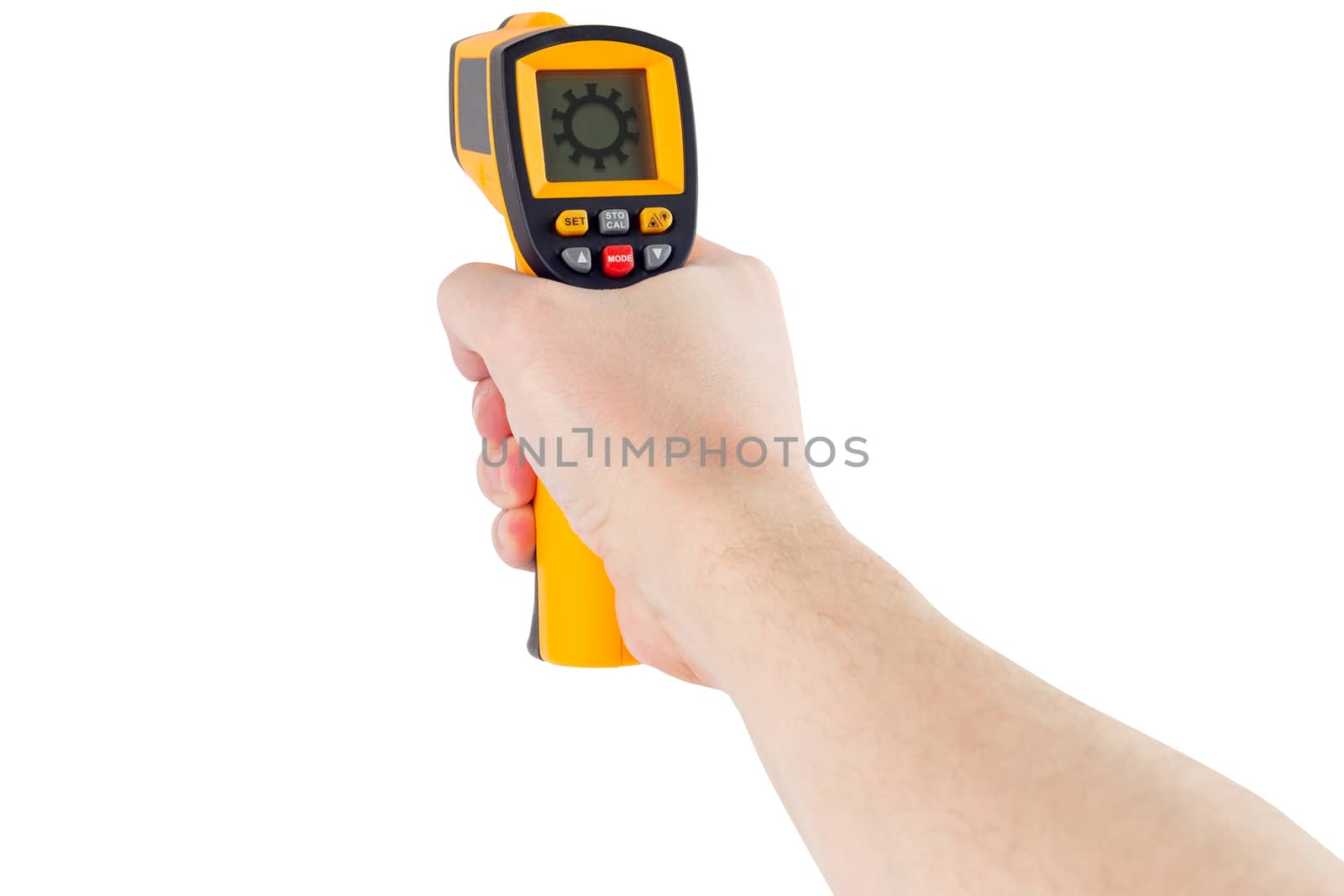hand aiming with infrared contactless thermometer with coronavirus icon isolated on white background.