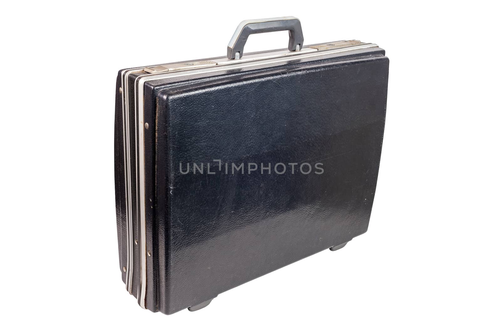 used and dirty old fashion black plastic suitcase or briefcase isolated on white background - closed and standing up