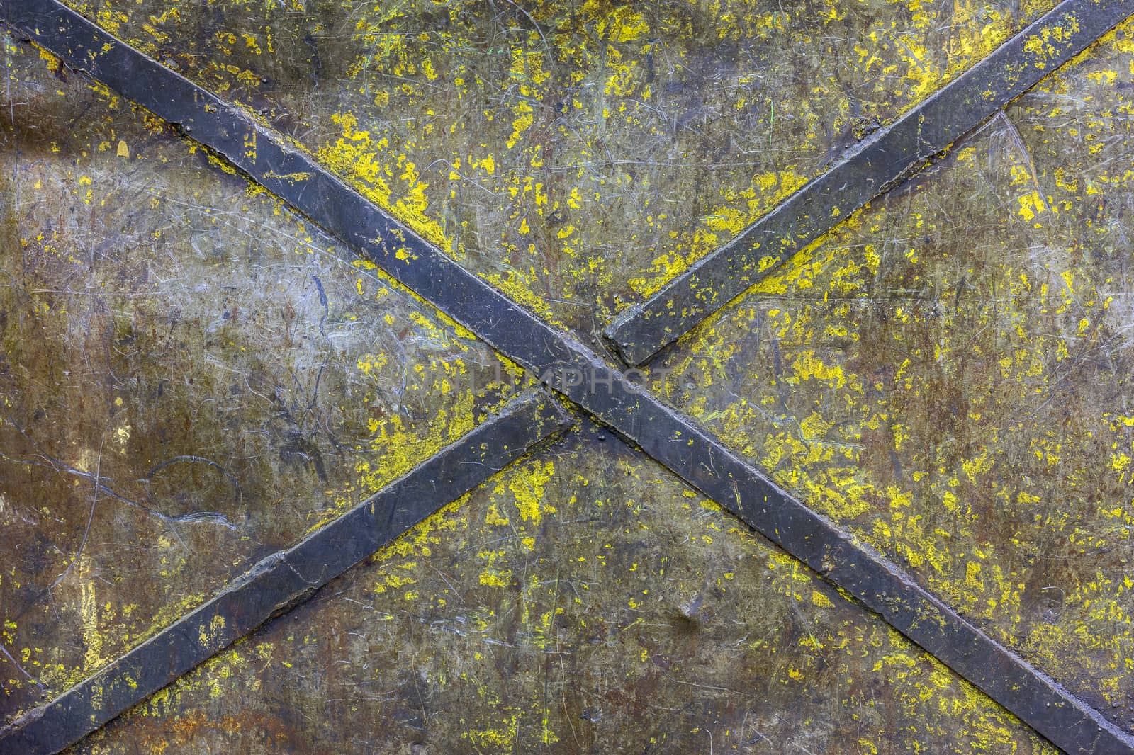 obsolete painted industrial flat iron panel texture with welded steel diagonal cross stripes for rigidity by z1b