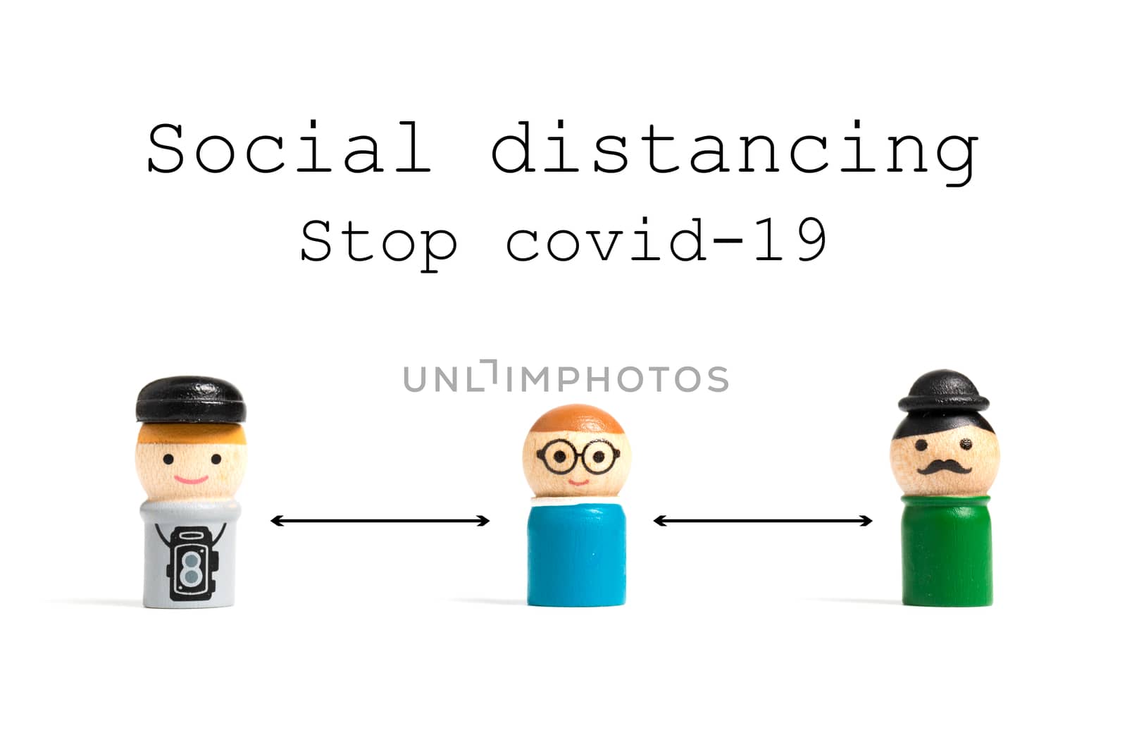 Stop COVID-19 Social distancing text with miniature people on white background. Social distancing concept
