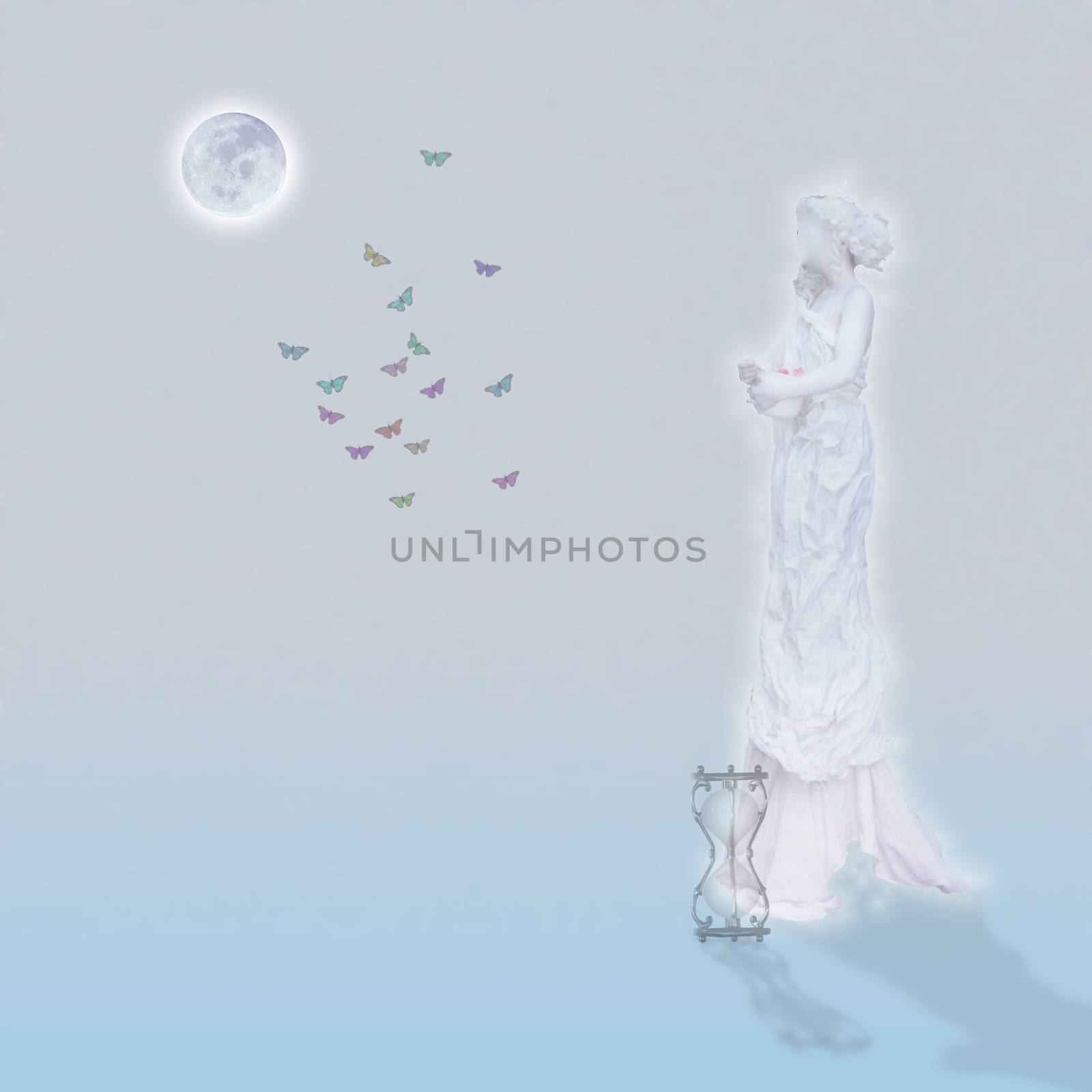 Woman`s marble statue and butterflies. Glowing moon and hourglass.