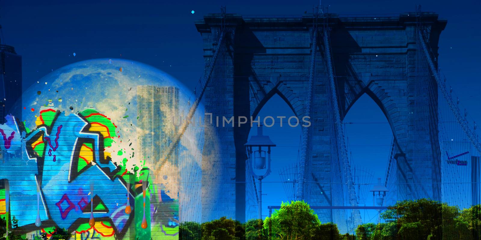 Modern art. Brooklyn bridge. Giant moon in the sky.