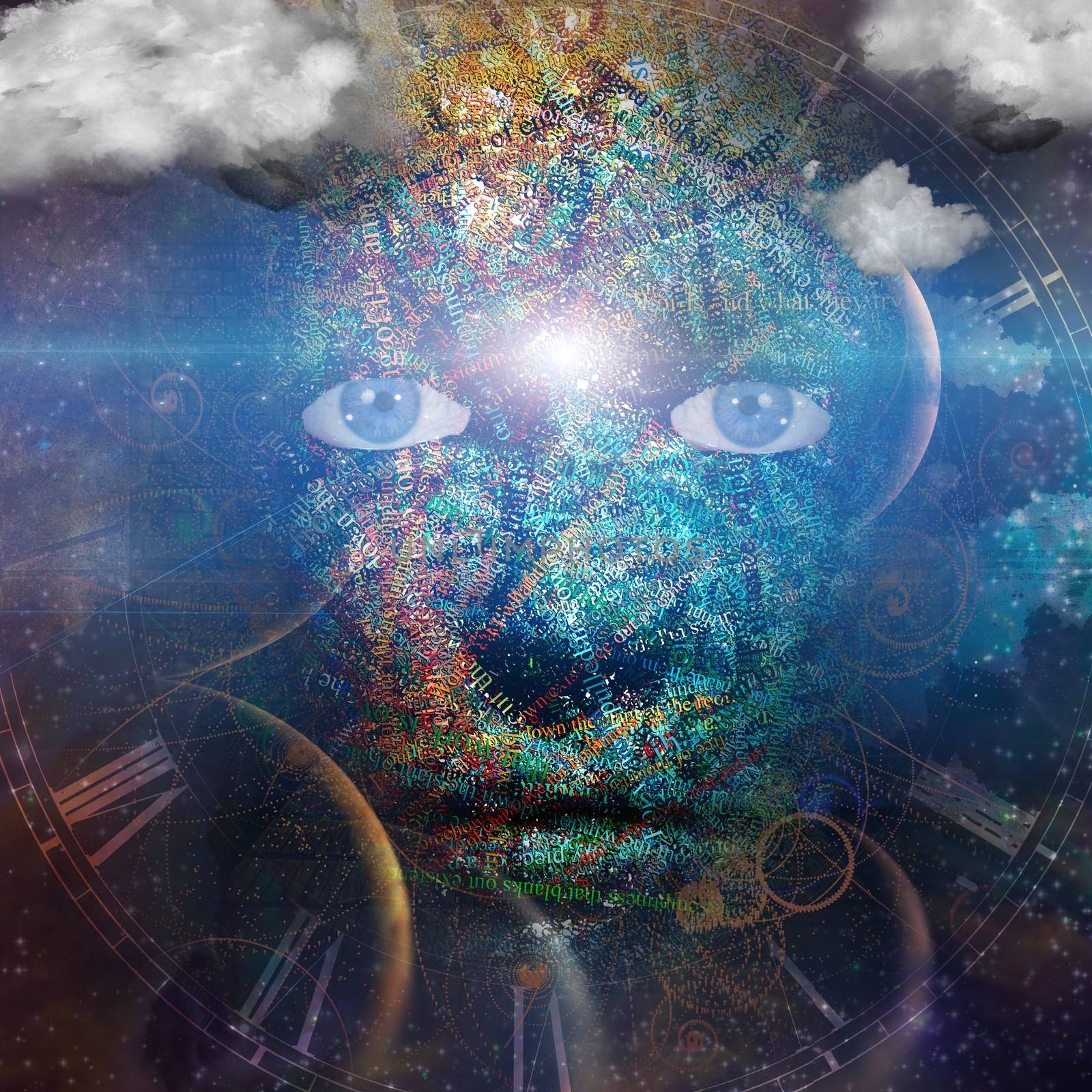 Face of the Universe made of letters with clouds