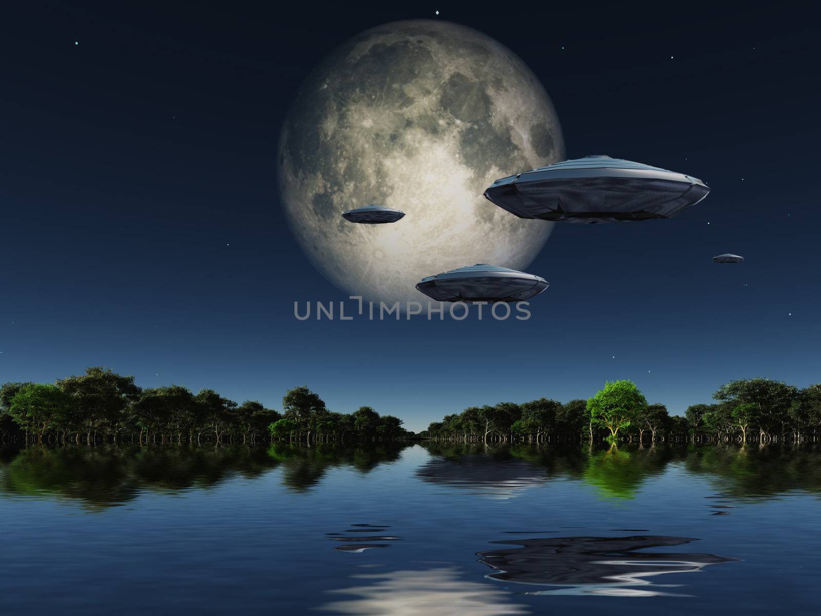Flying saucers flies above ocean on water planet. Green forest at the horizon and full moon in the sky