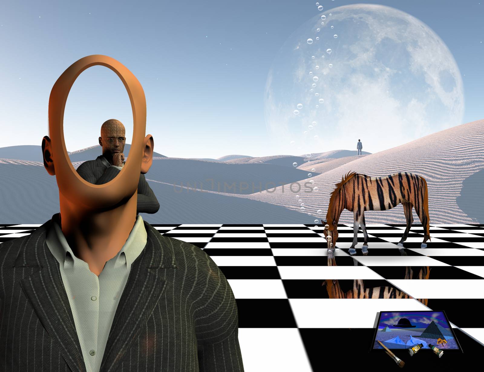 Surreal unusual art solutions. Faceless man with another thinking businessman behind him stands on chessboard. Lonely man in a distance. White sand dune. Striped horse. Painting and brushes
