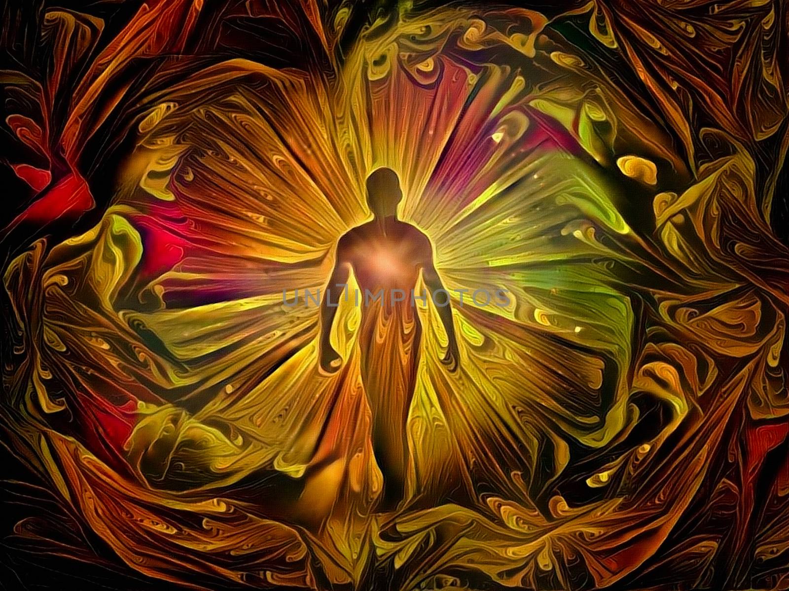 Man's silhouette with rays of light. Aura or soul