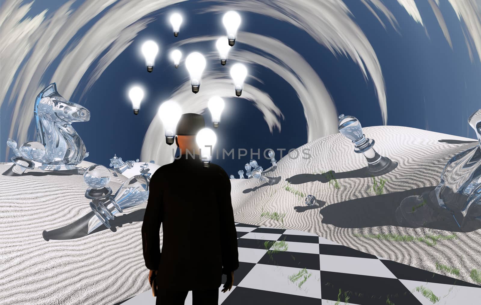 Surreal desert. Man in suit stands on checkered road with chess pieces. Light bulbs represents ideas. 3D rendering