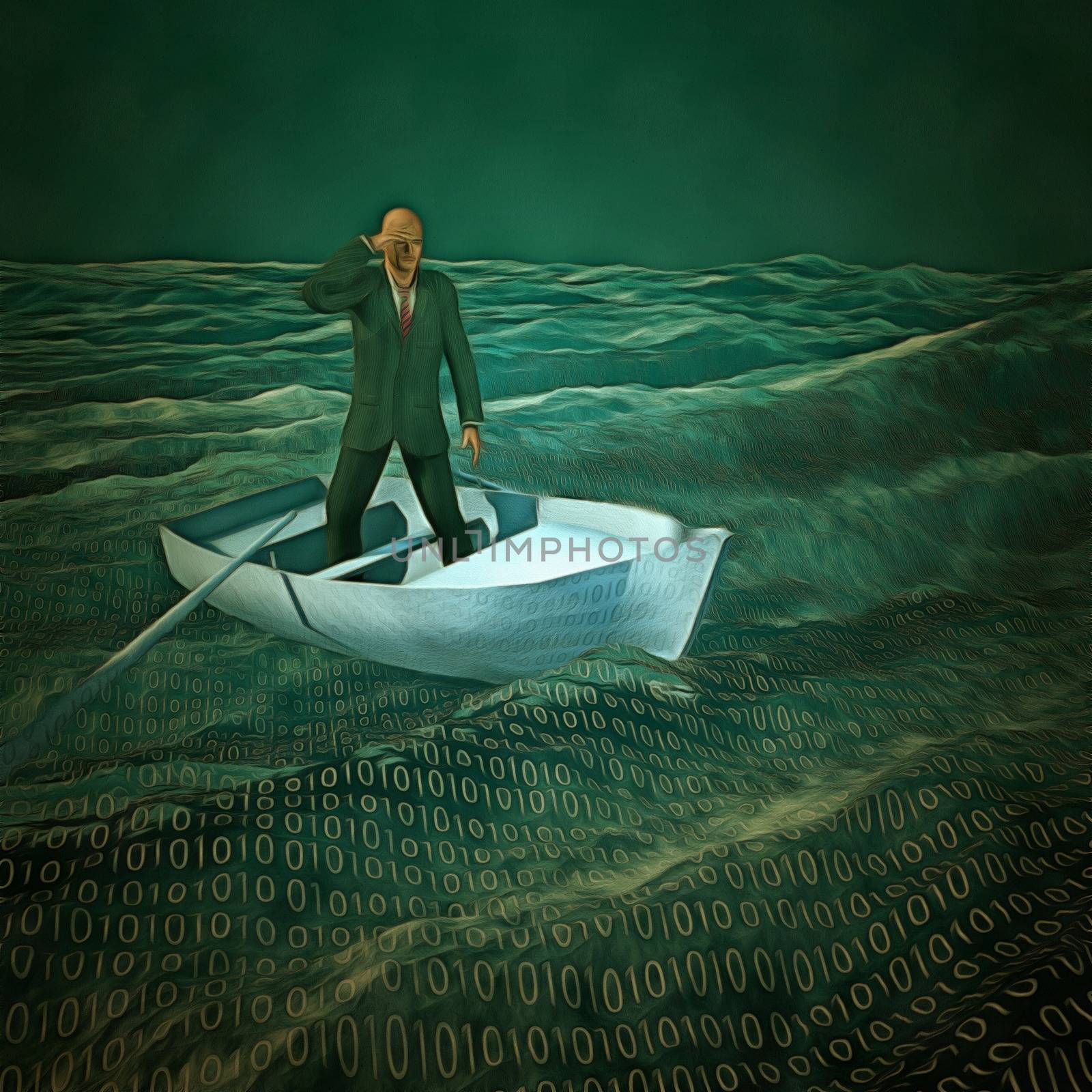 Surreal painting. Man in suit floats in boat in ocean with binary code.