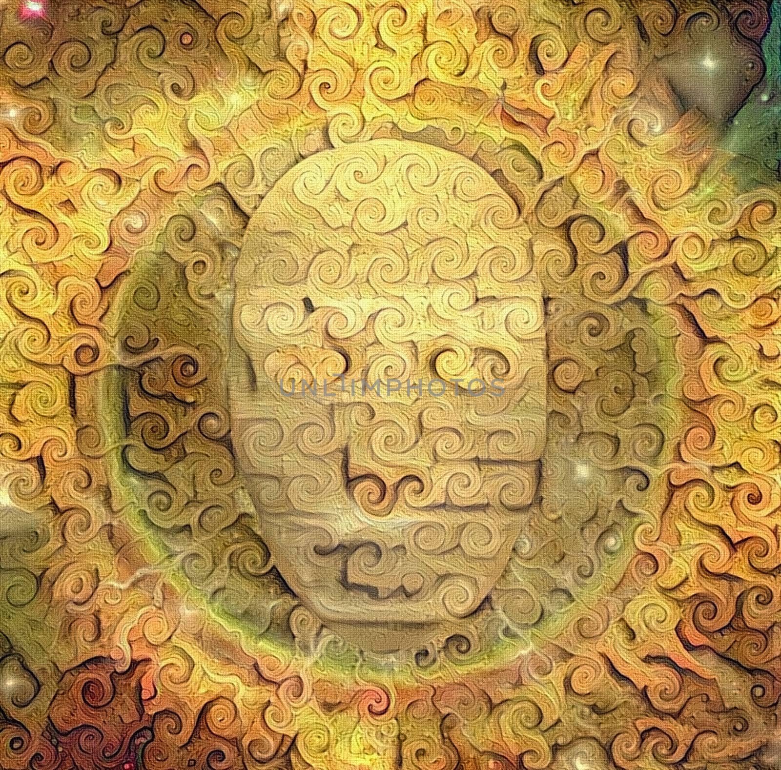 Symbolic composition in vivid colors. Mystic Golden Mask