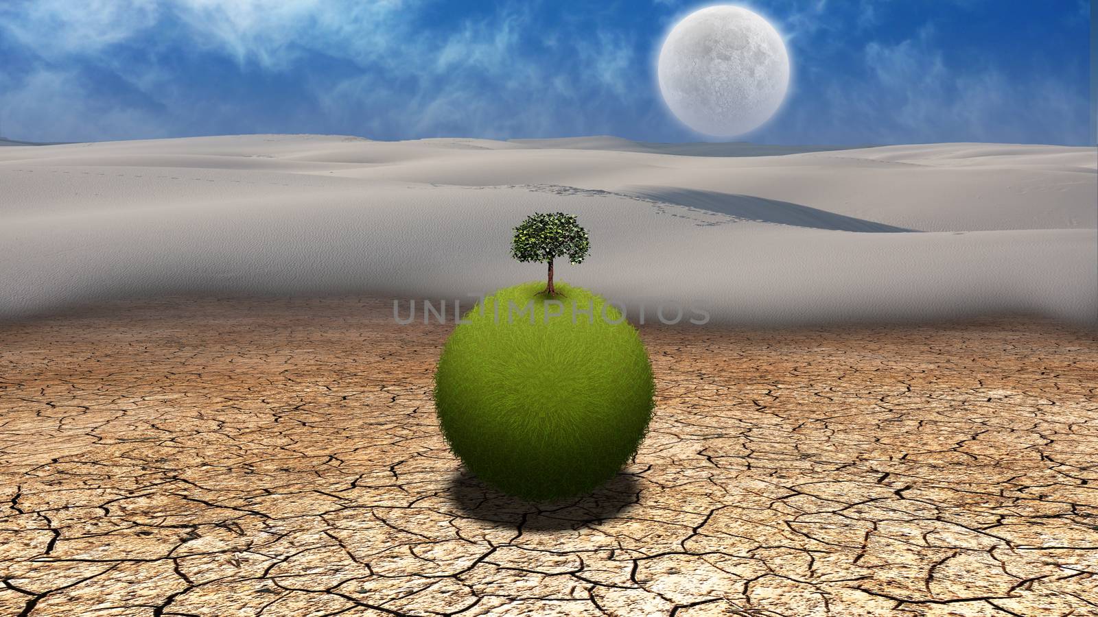 Grassy globe with tree in desert. Giant moon in the sky