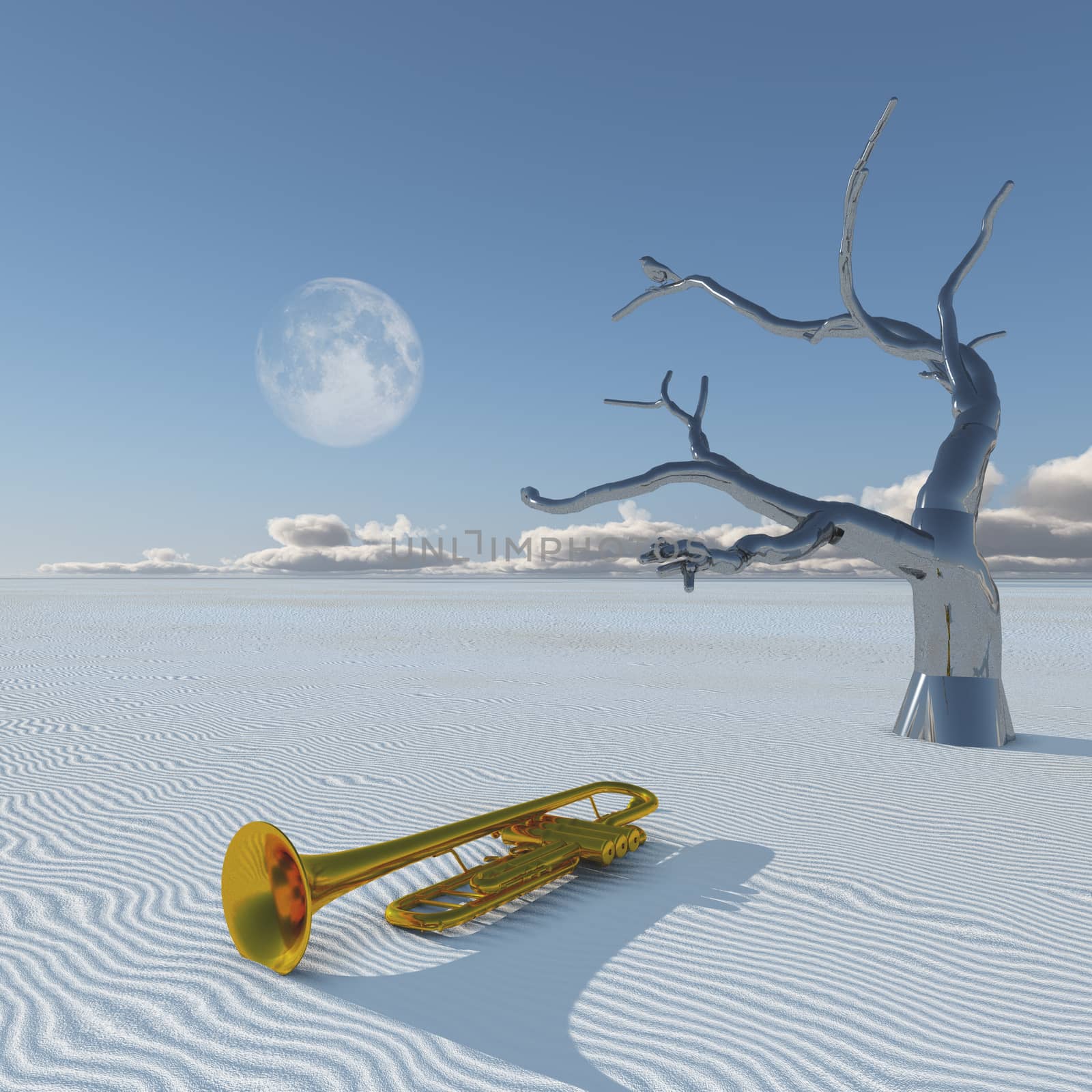 Black silvery tree and golden horn. White sand desert with moon and clouds at the horizon