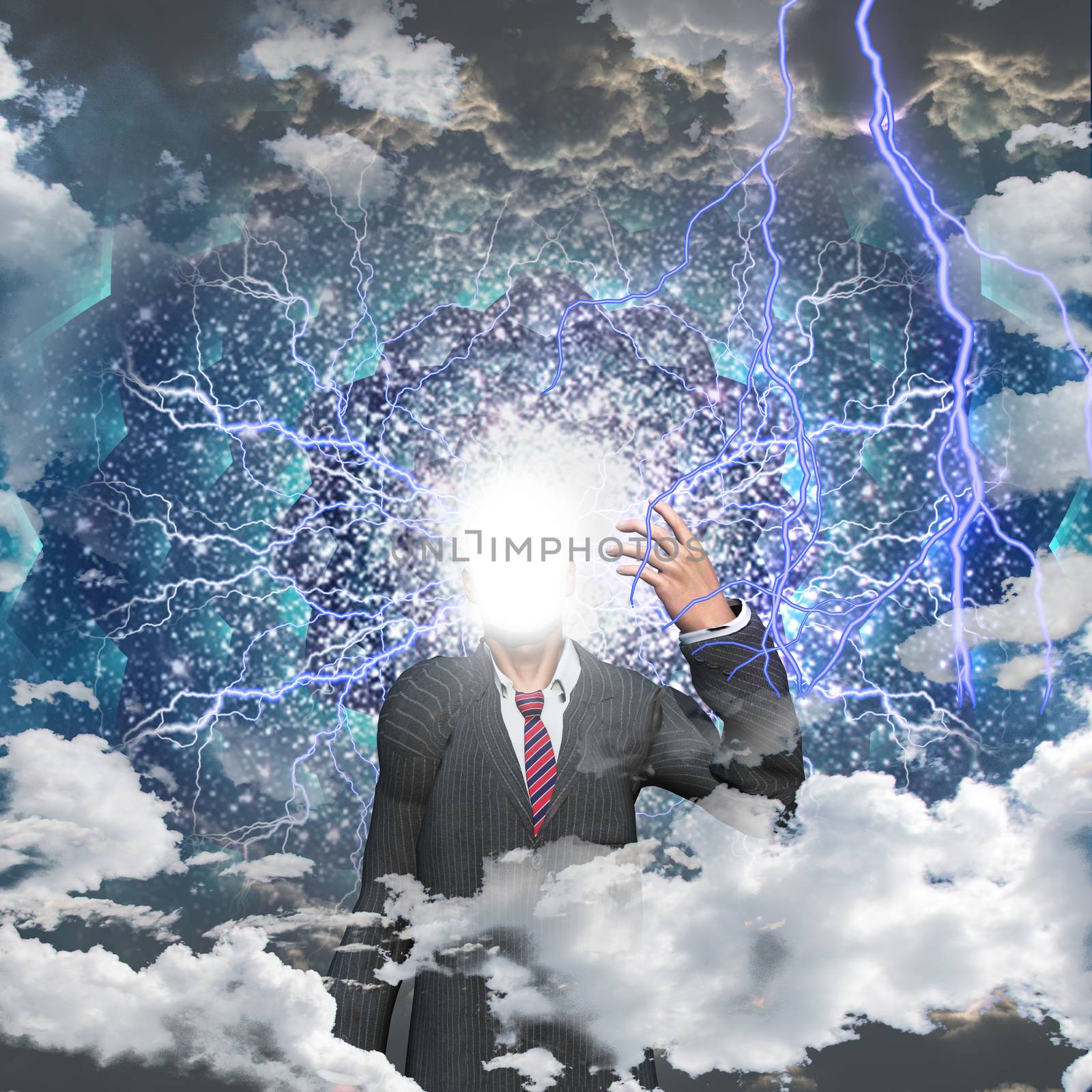 Surreal composition. Bright light and lightnings instead of man face. 3D rendering