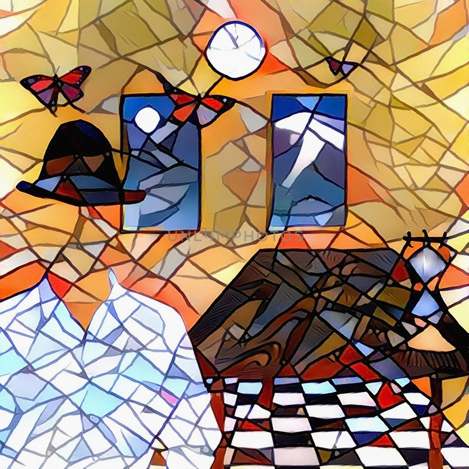 Abstract painting. Room with hourglass on the table. Invisible man in shirt and hat. Art imagination