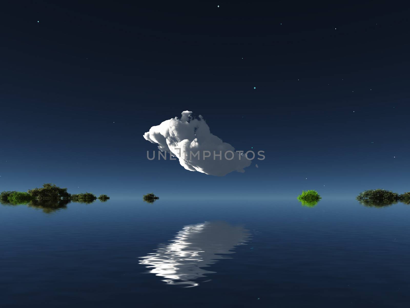 Cloud on watery islands horizon. 3D rendering