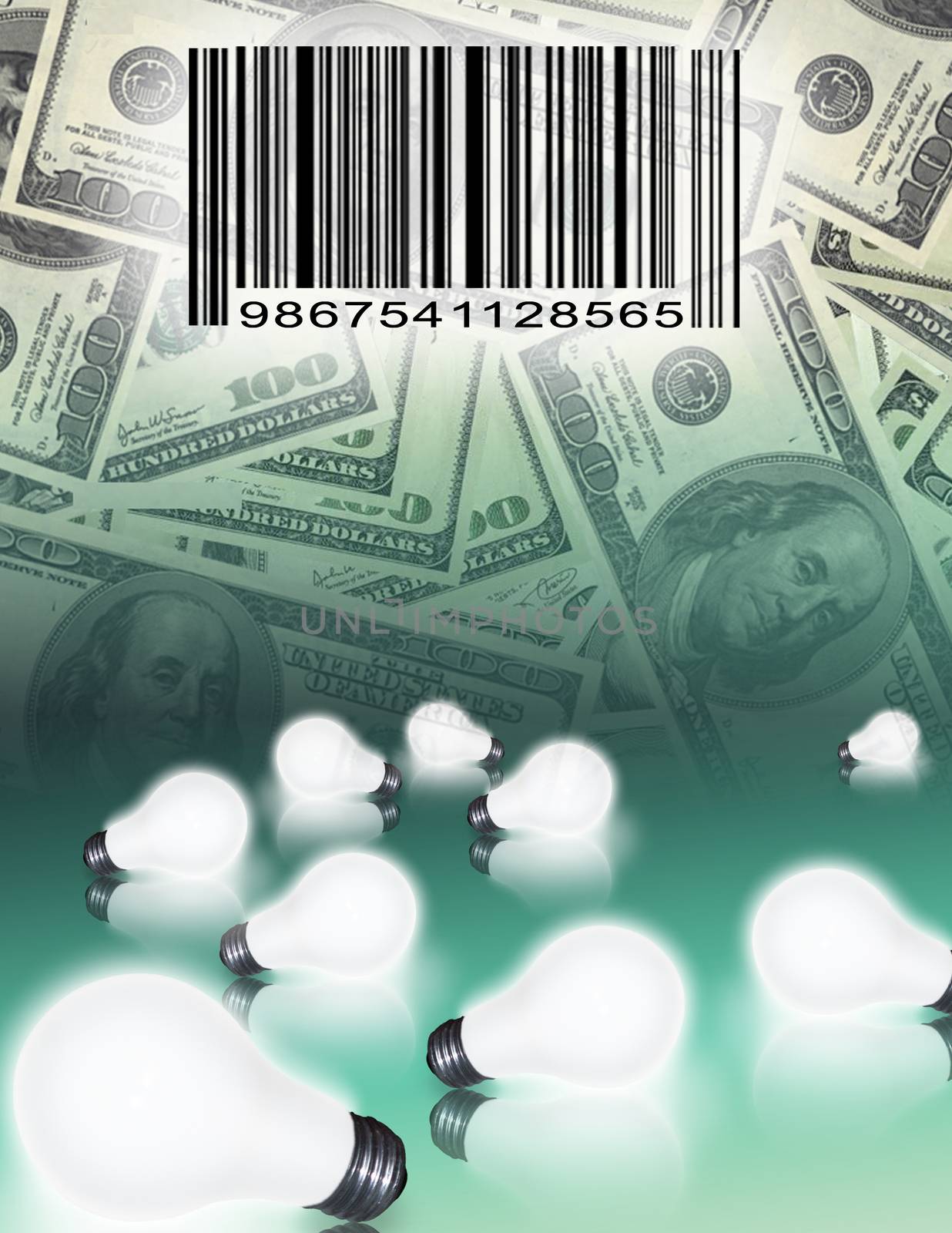 Symbolic composition. Money and barcode, light bulbs represents business ideas