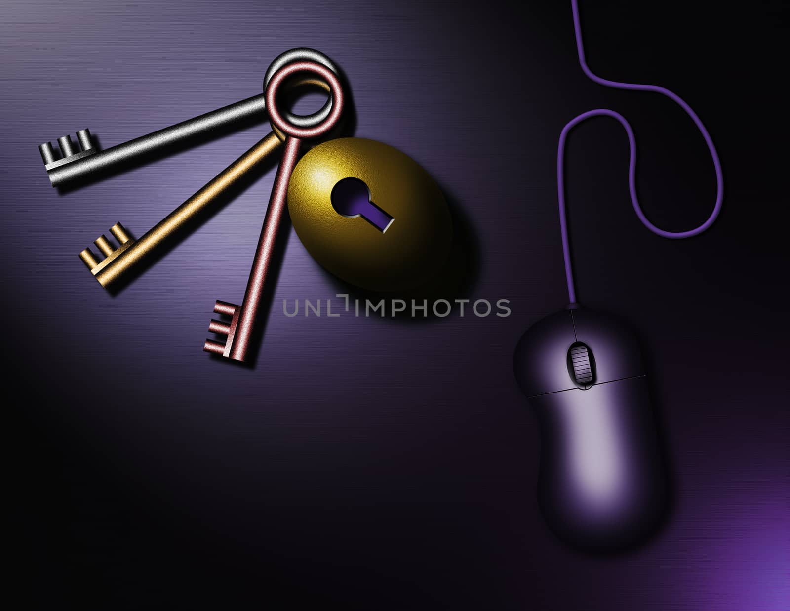 PC mouse and metal keys. Key hole in golden egg