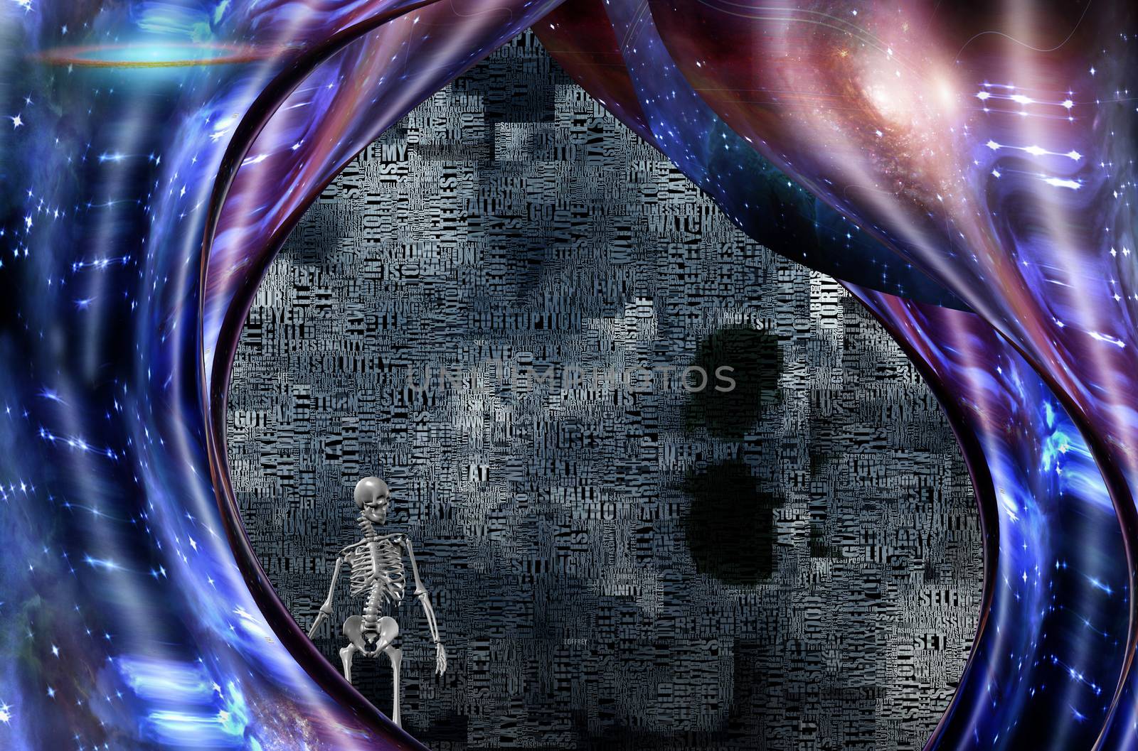 Abstract clouds of words. Skeleton symbolizes death.Warped space