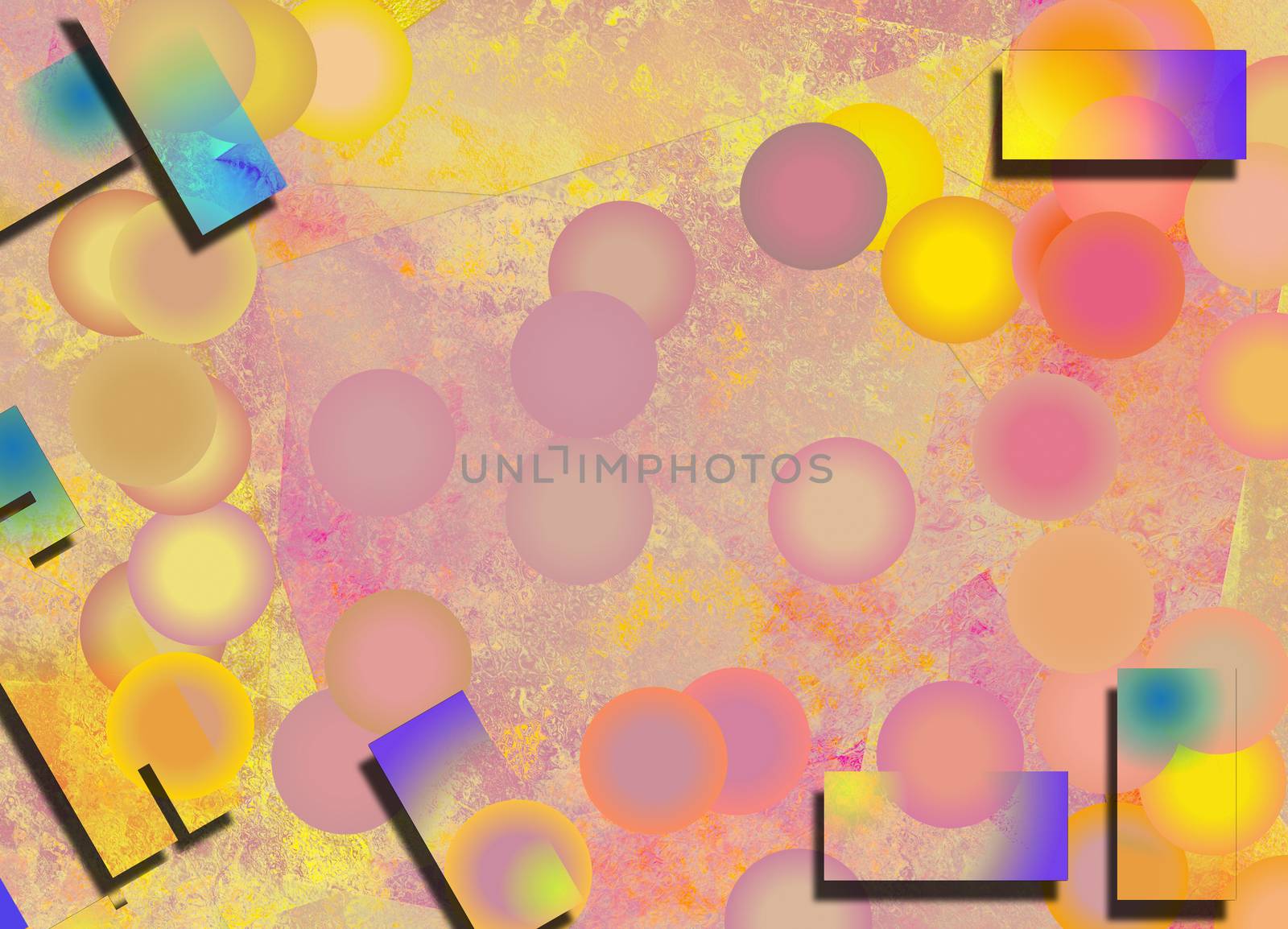 Abstract background with geometric figures in pink yellow soft colors. 3D rendering