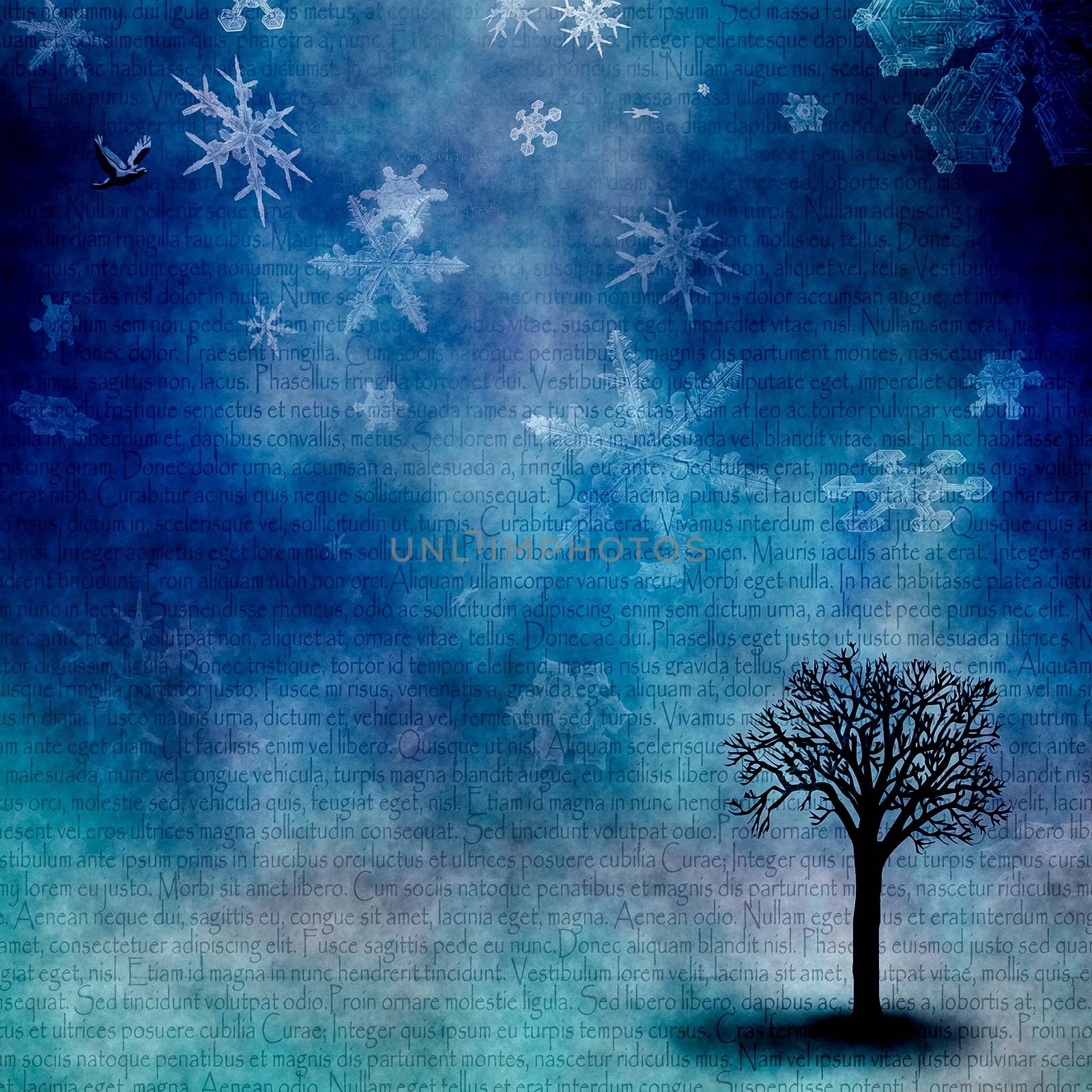 Abstract composition. Winter mood. Snowflakes and leafless tree. Latin text on the background