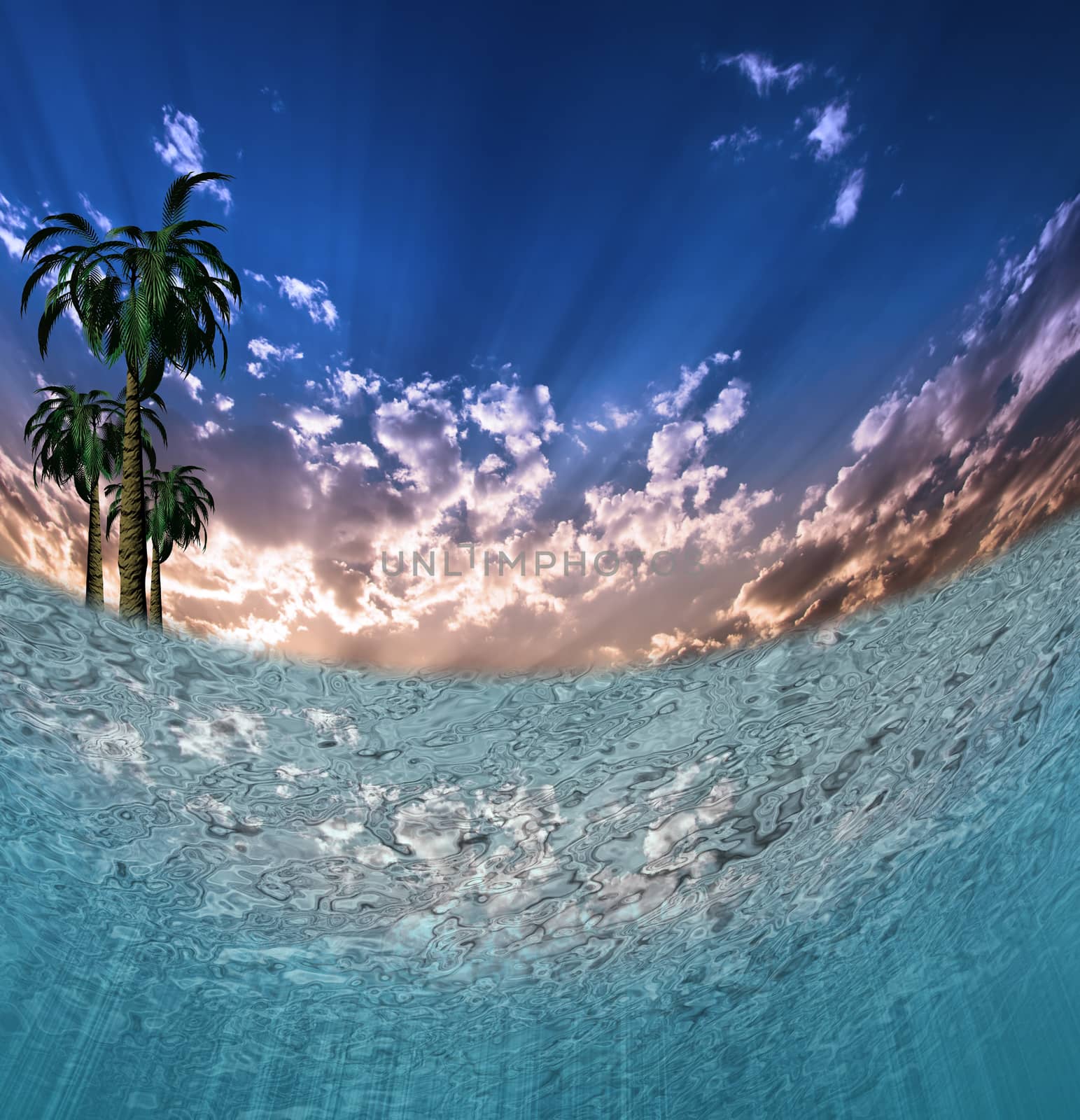 Tropical Waters. Underwater view. Green palm trees