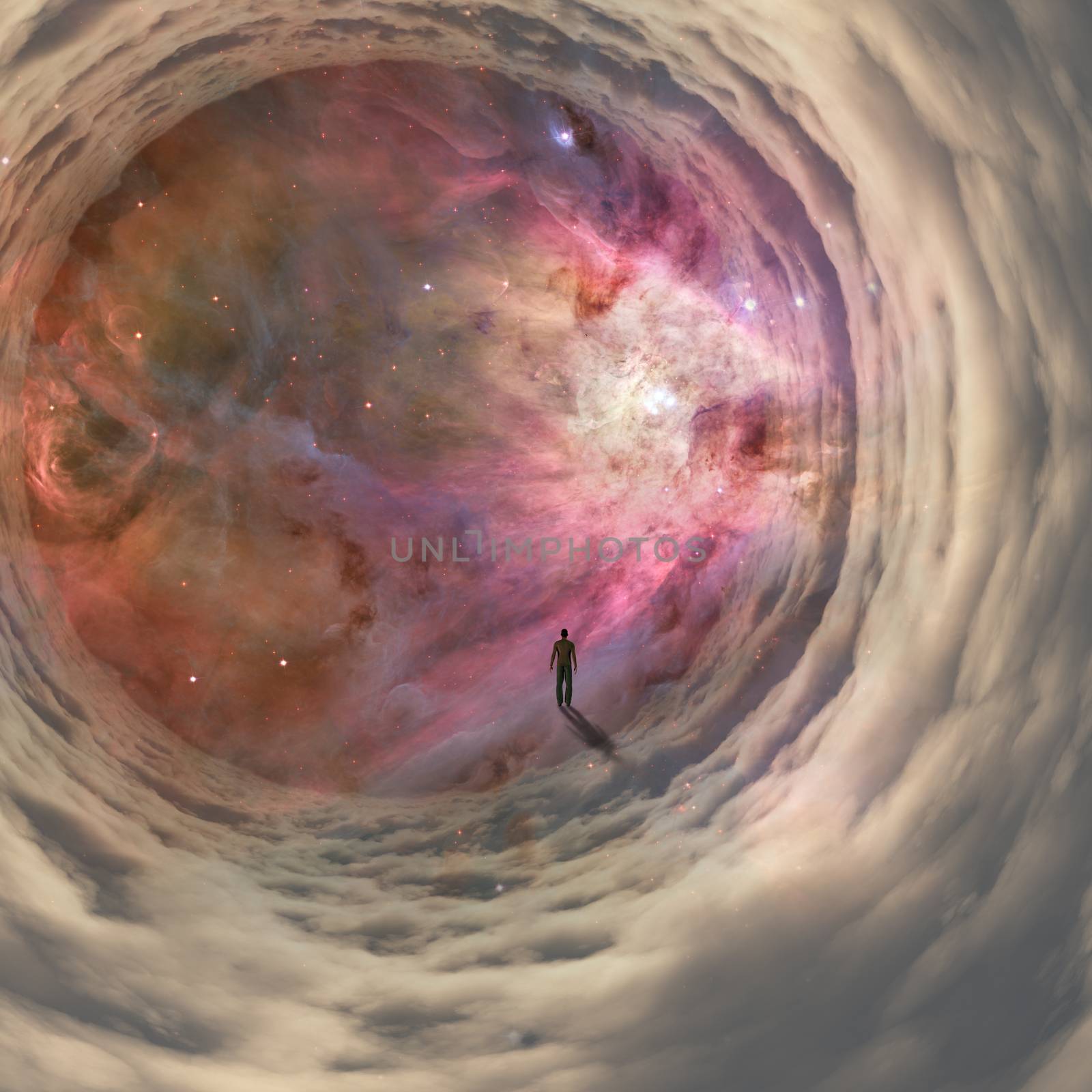 Man walks in cloudy space tunnel to vivid universe
