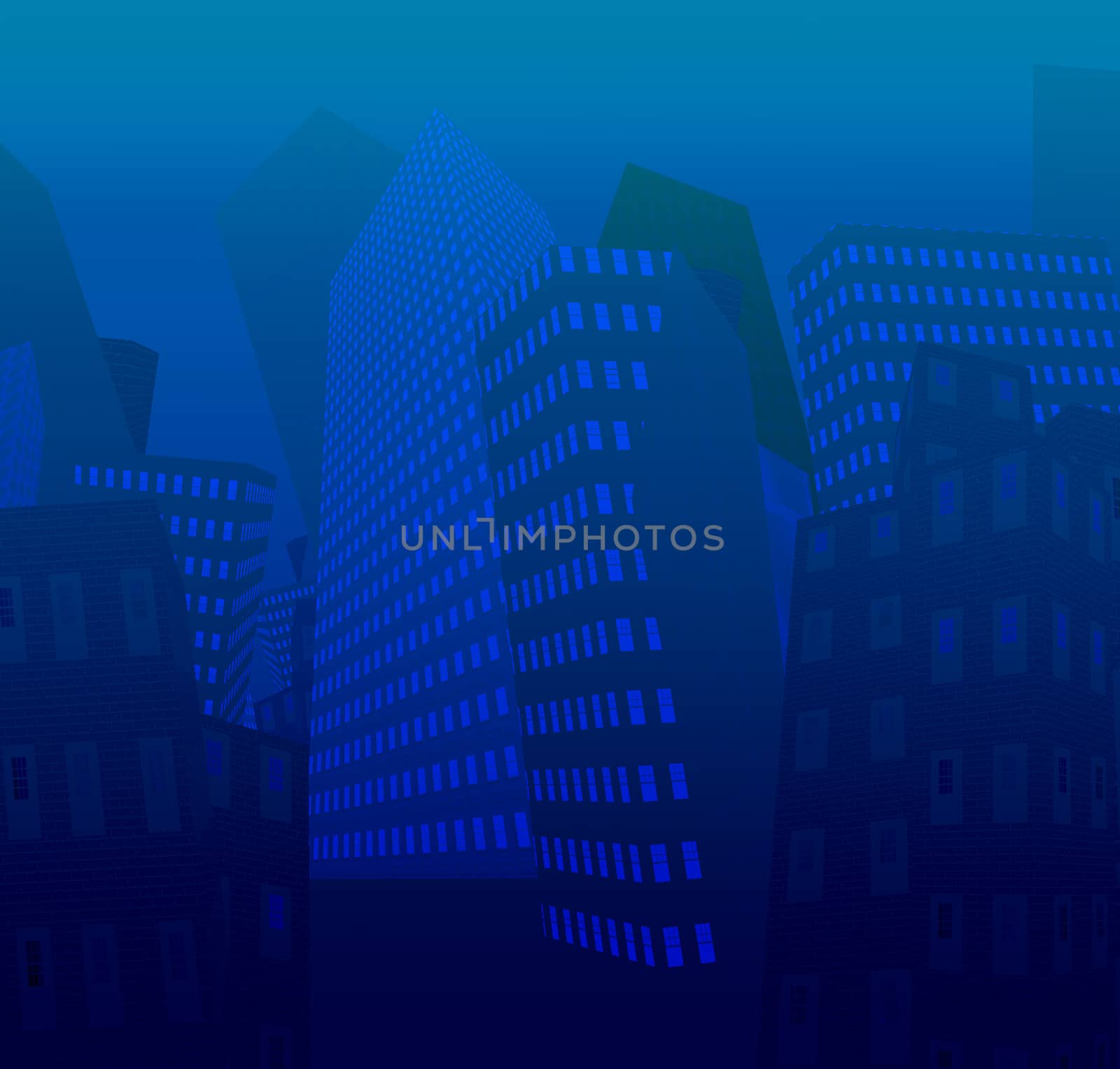 Cartoon drawing. Skyscrapers in blue color