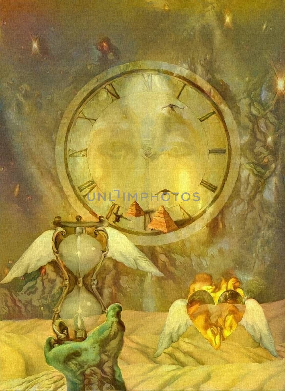 Symbolic composition. Winged hourglass and heart. Clock face and egyptian pyramids. Sands of time