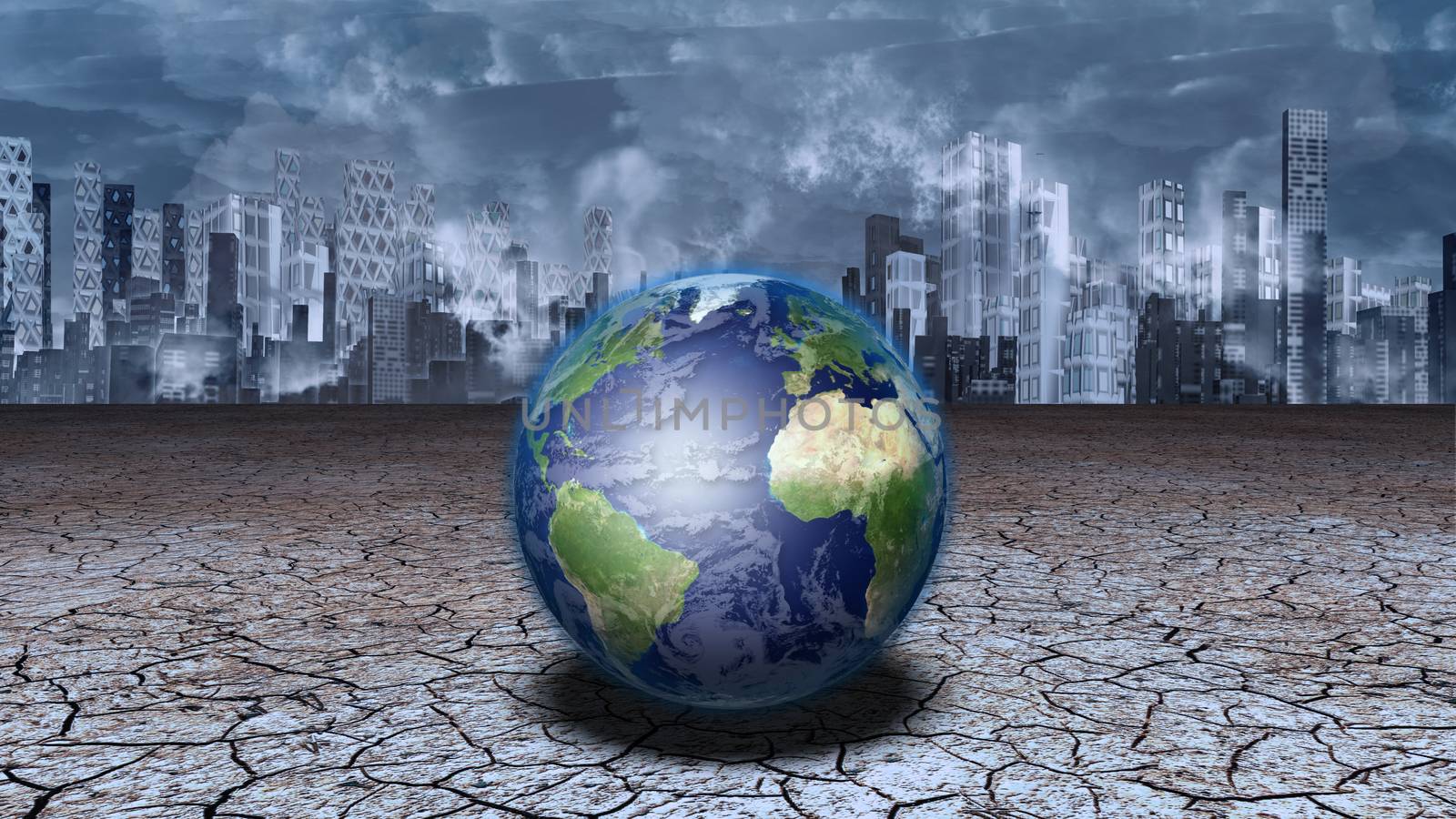 Planet Earth in dried cracked mud before metropolis