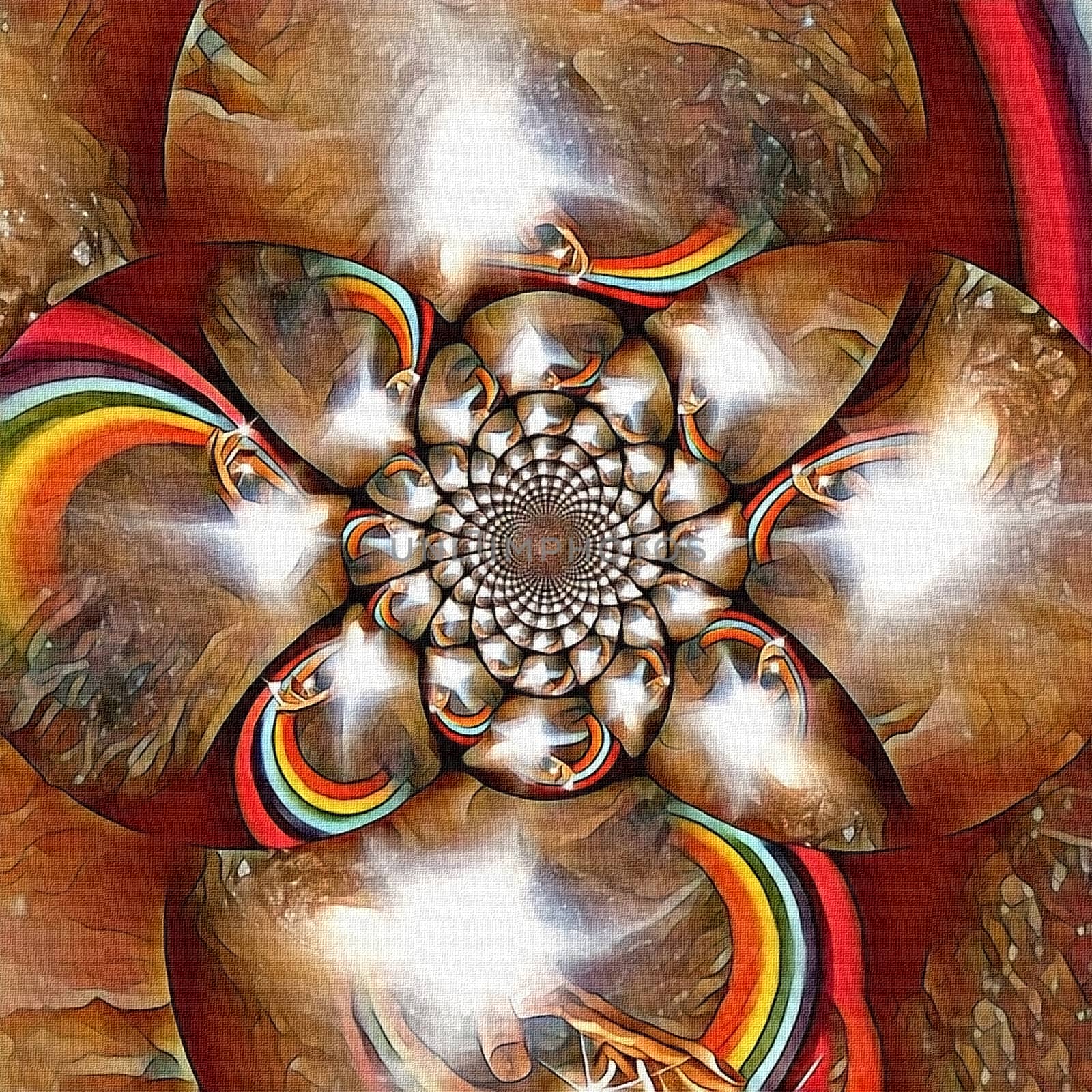 Abstract painting. Mirrored round fractal with God's hands, light and rainbow.