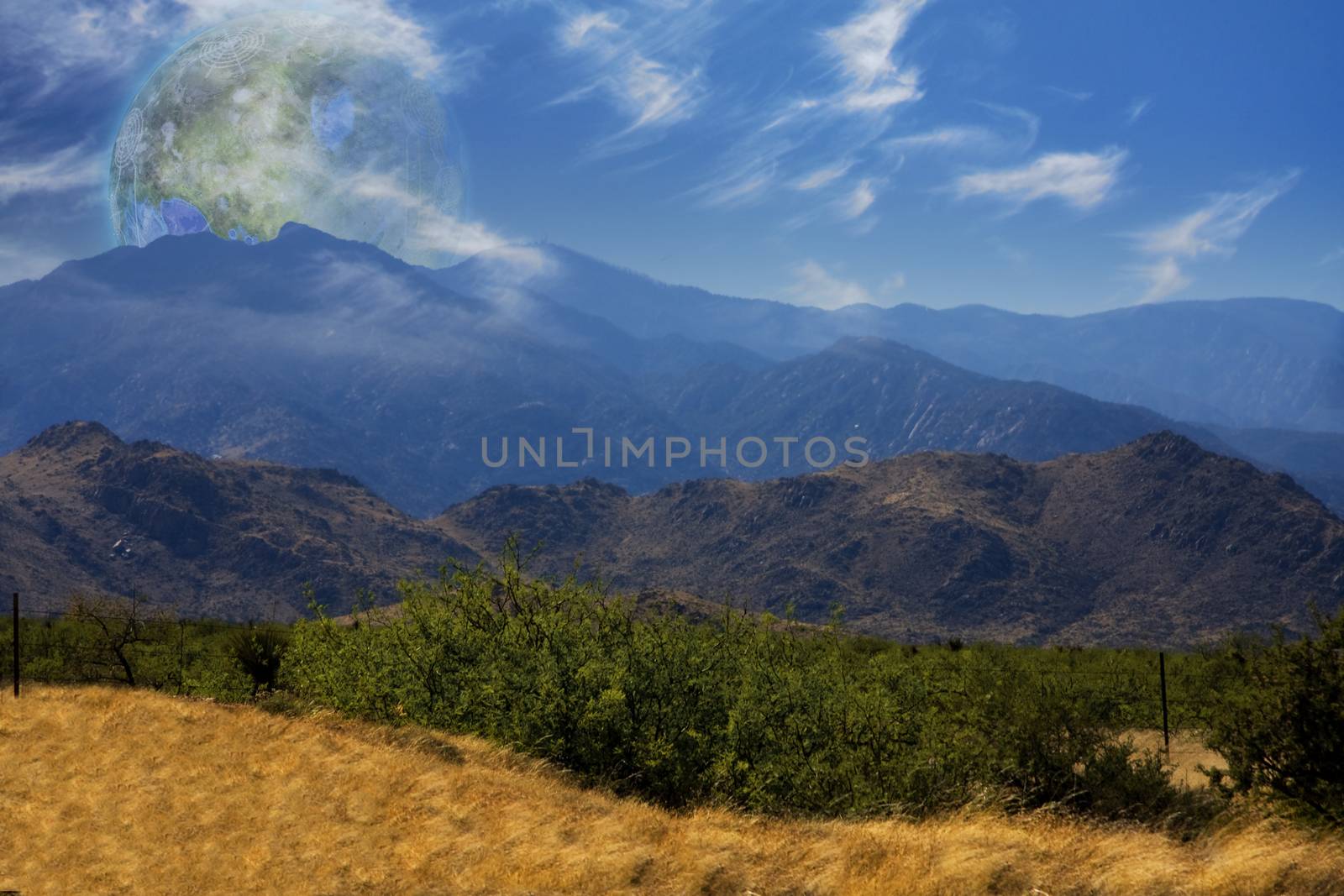 Mountain Vista. Terraformed moon seen from the Earth. 3D rendering