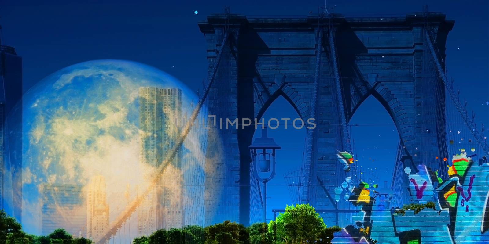 Surreal digital art. Brooklyn bridge on New York's cityscape. Giant moon.