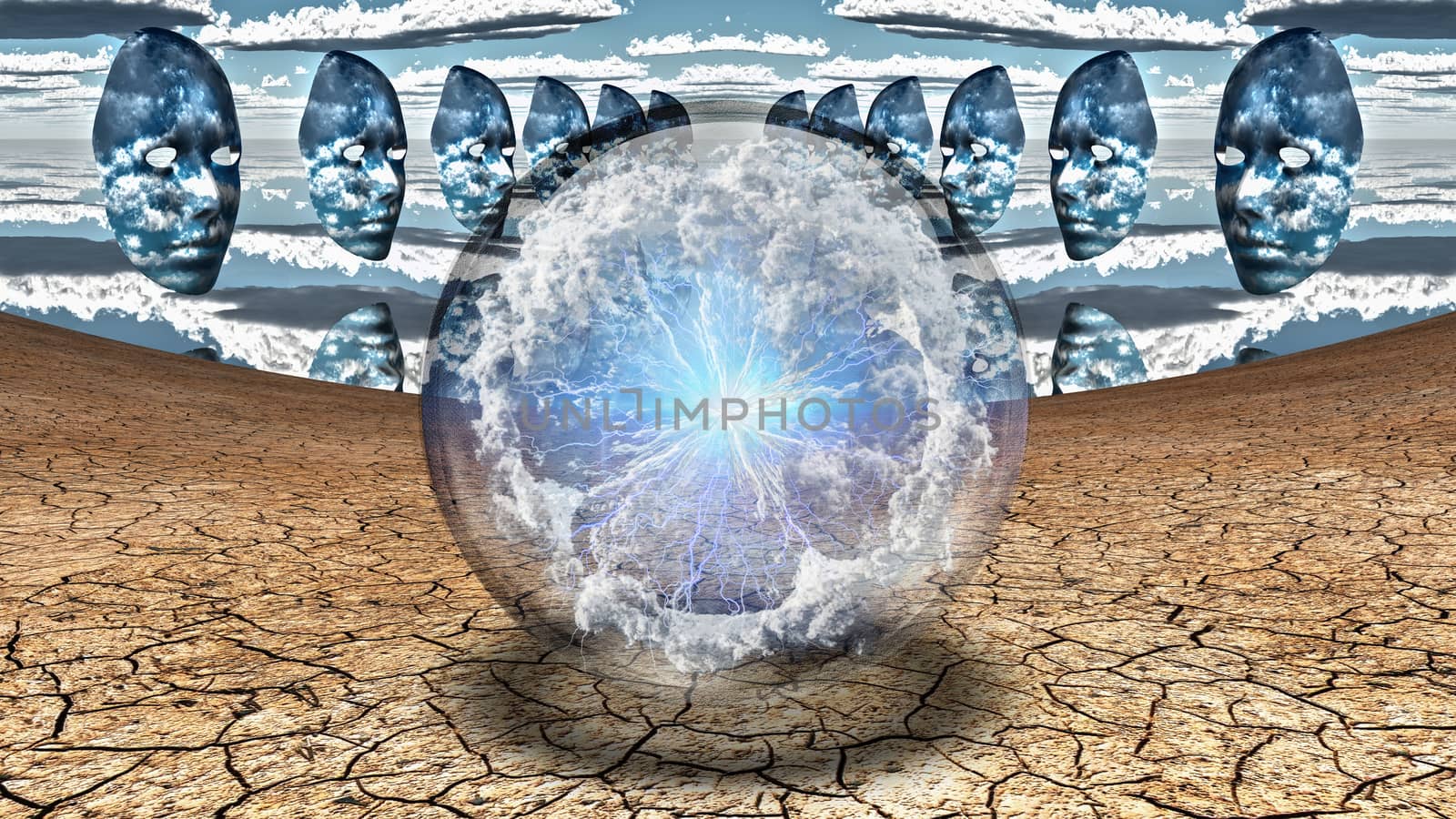 Surrealism. Crystal ball with electric charge and clouds in arid land. Masks hovers in the sky.