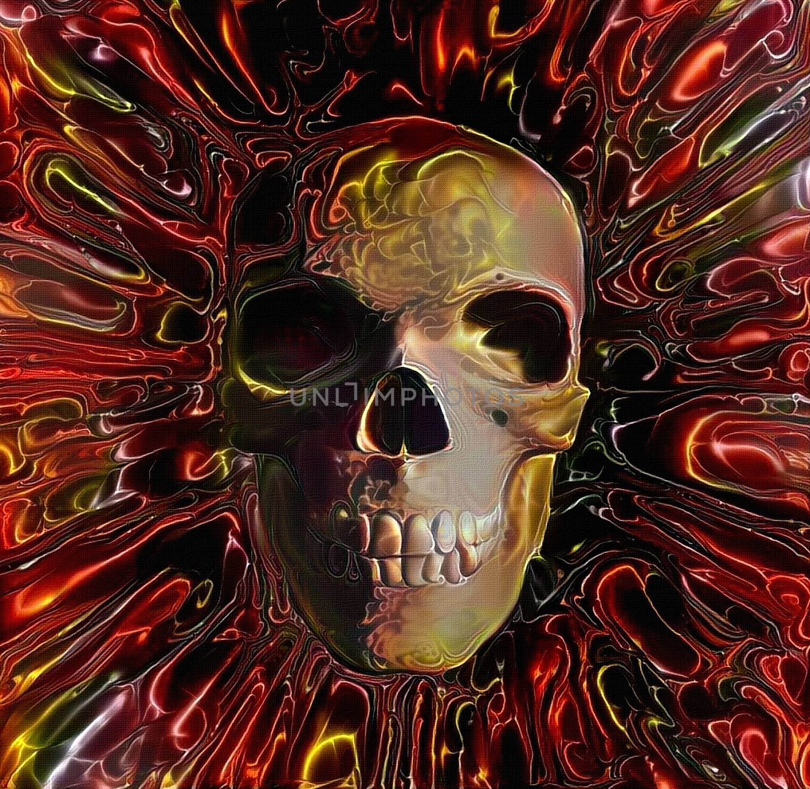 Human Skull Design. Burning lava background