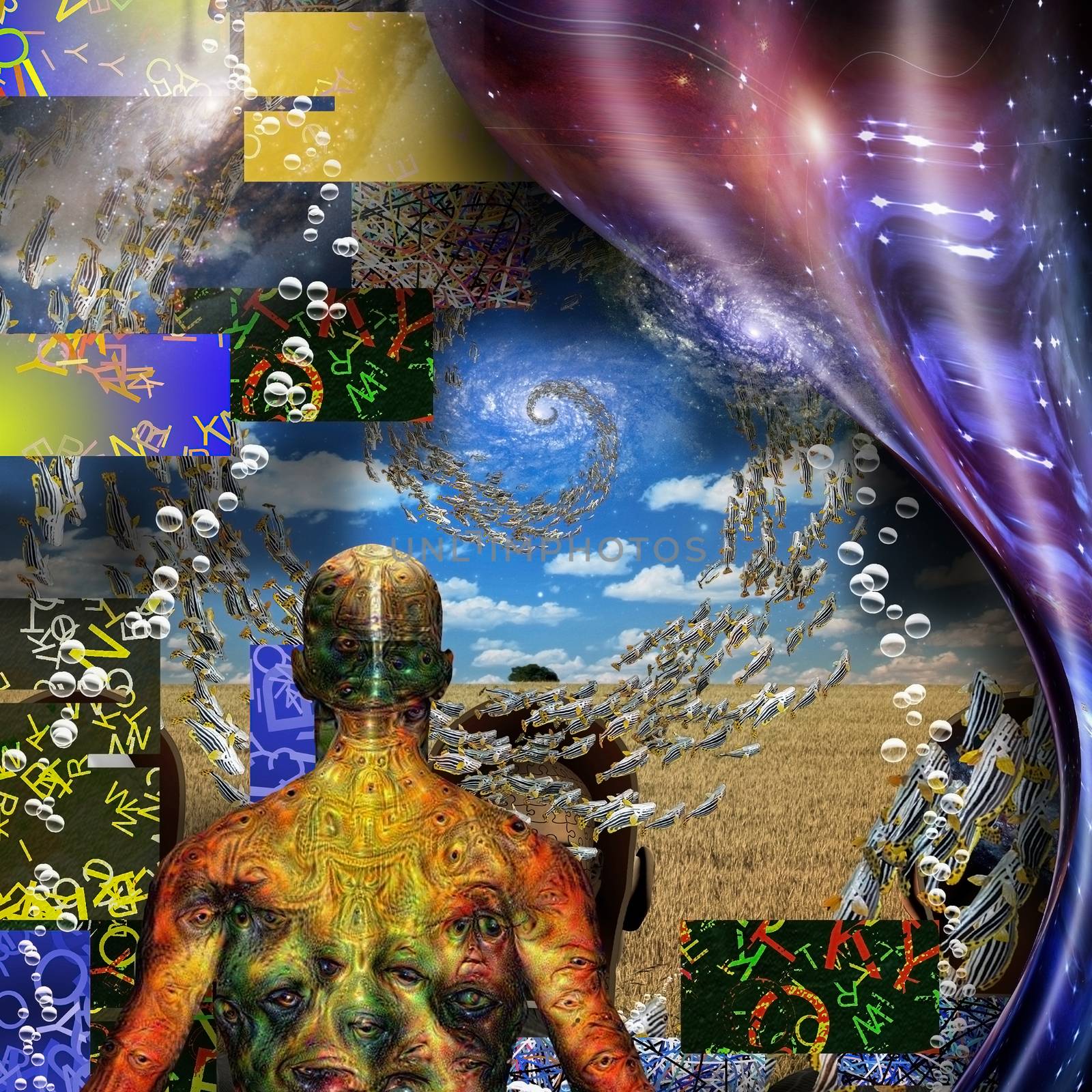 Complex surreal painting. Fish vortex of life. Warped space. Man with weird demons eyes on his skin.