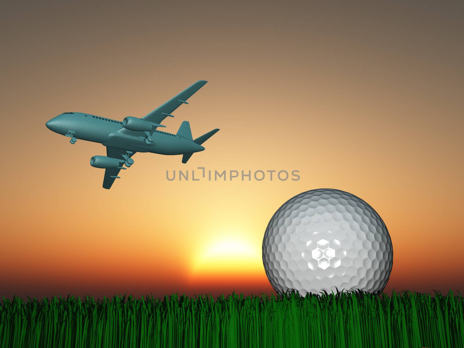 Aircraft in the sky and golf ball on green field. Sunset or sunrise