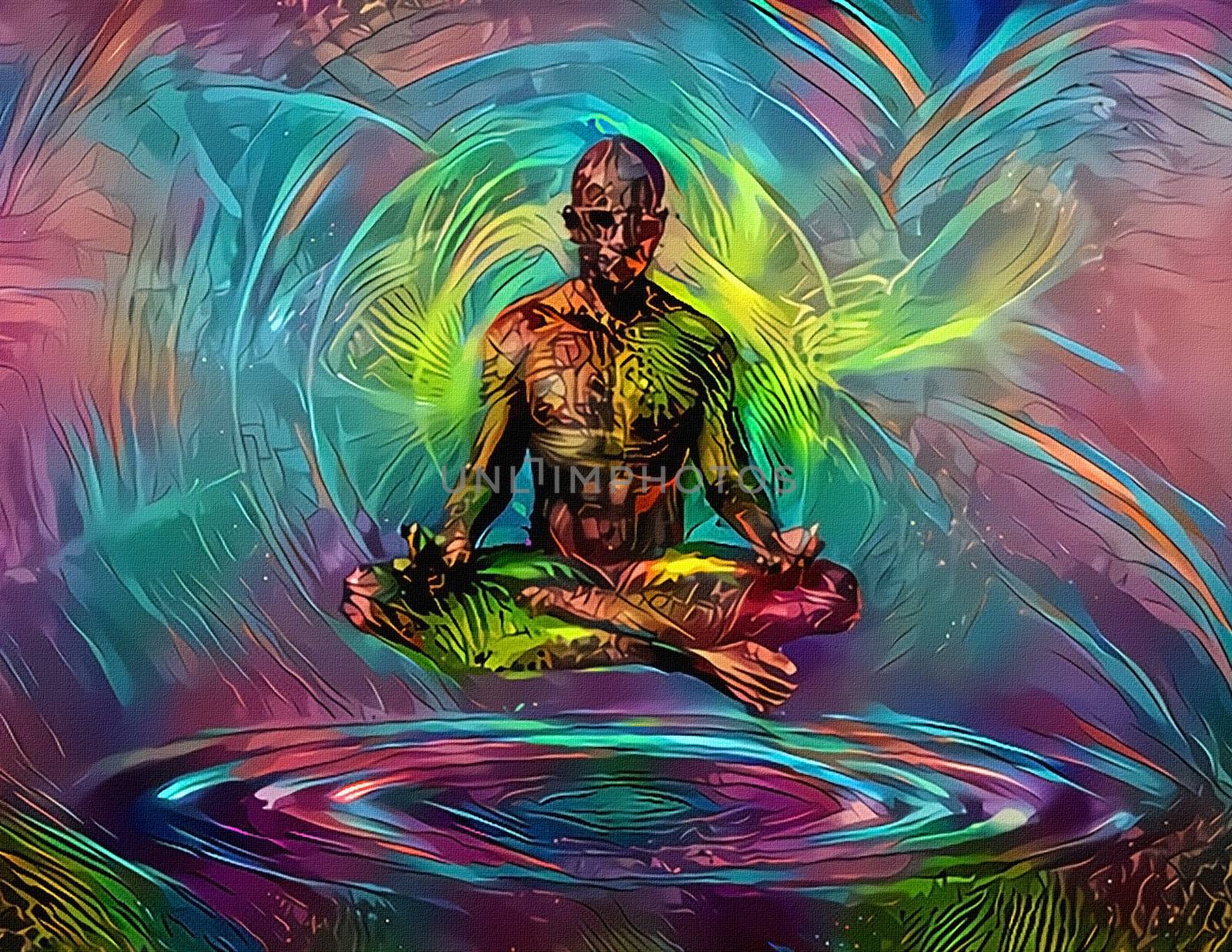 Man hovering above water in lotus pose. Colorful background. Meditation