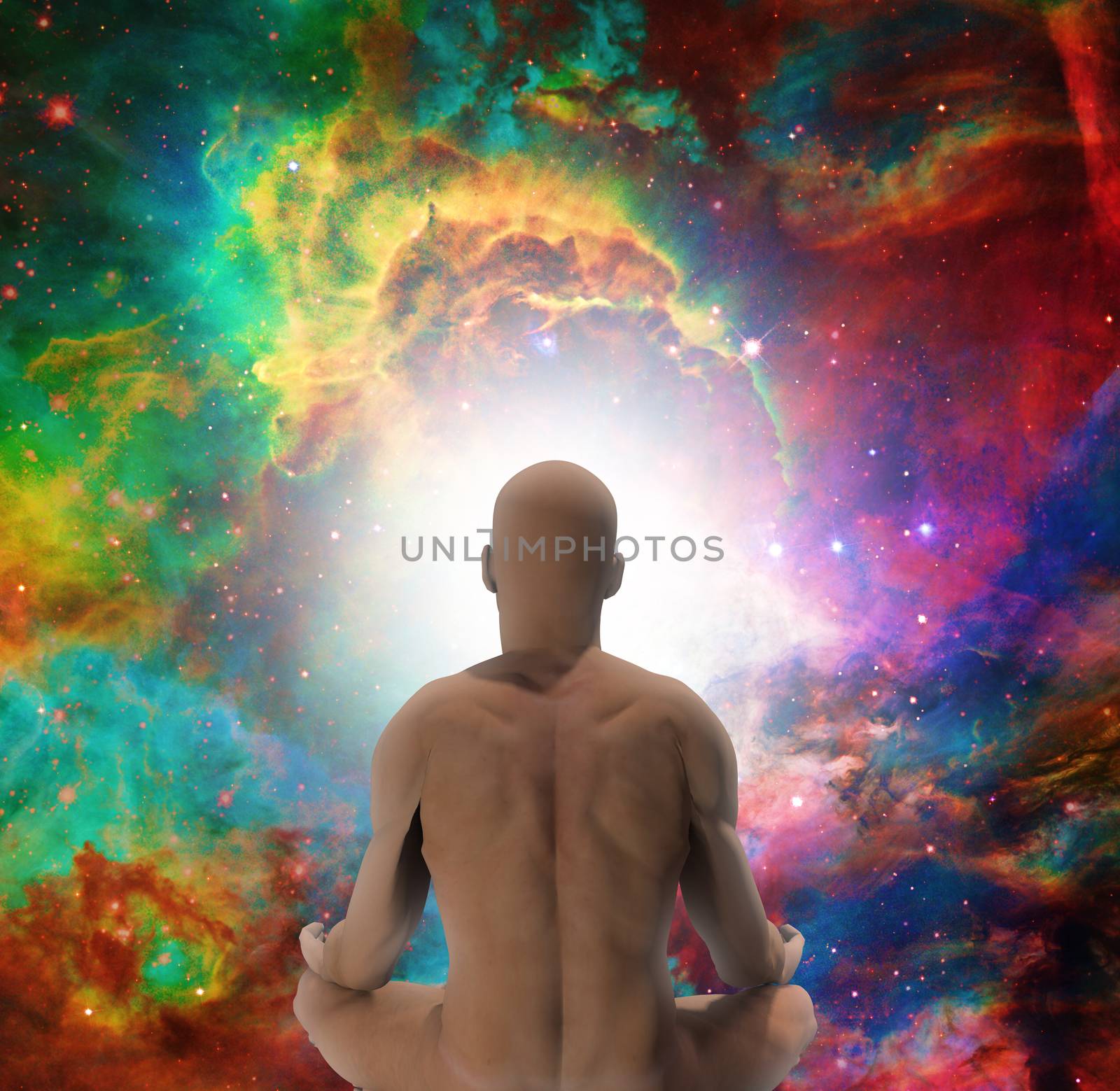 Meditation. Man in lotus position sits before endless spaces.