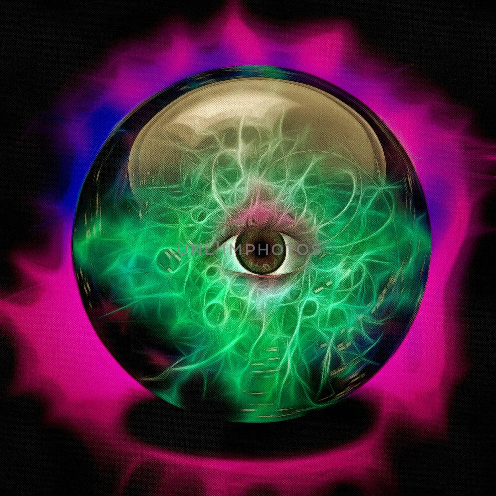 Prophet's Crystal ball with Eye. 3D rendering.