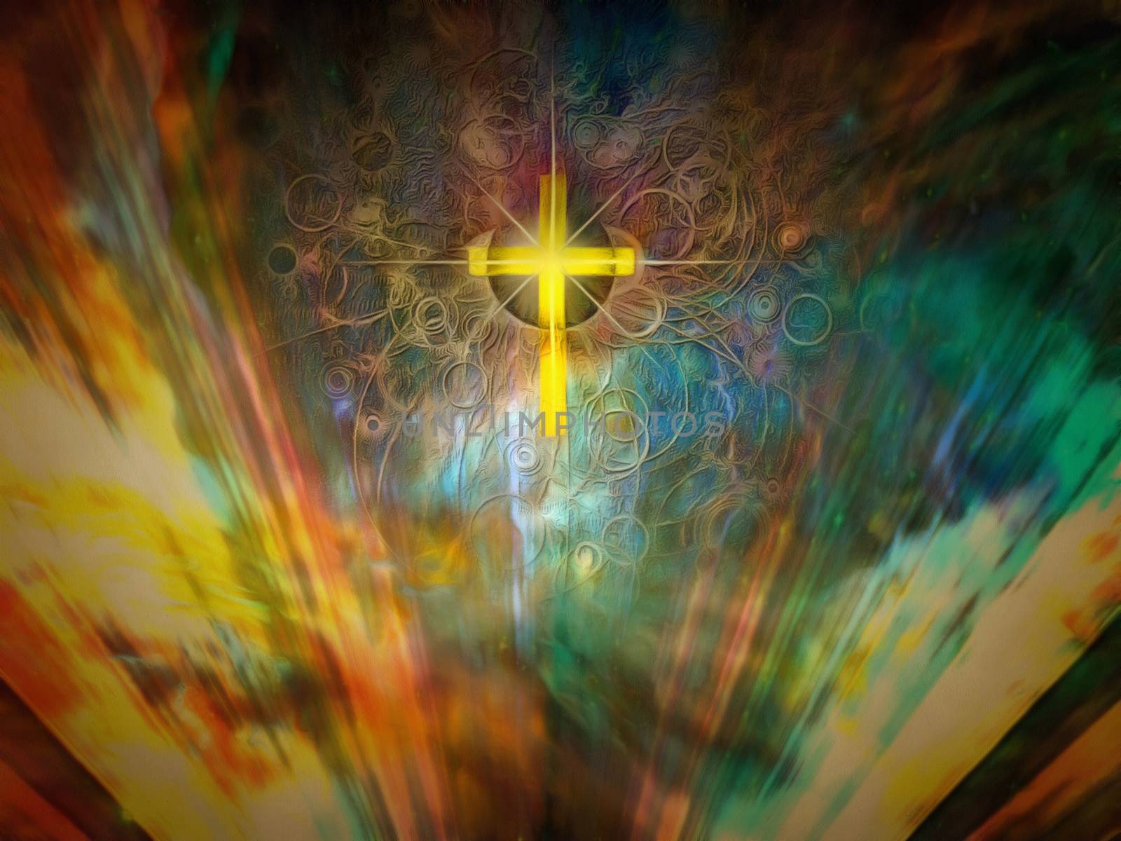 Surreal painting. Golden cross and eye of God in vivid colorful sky.