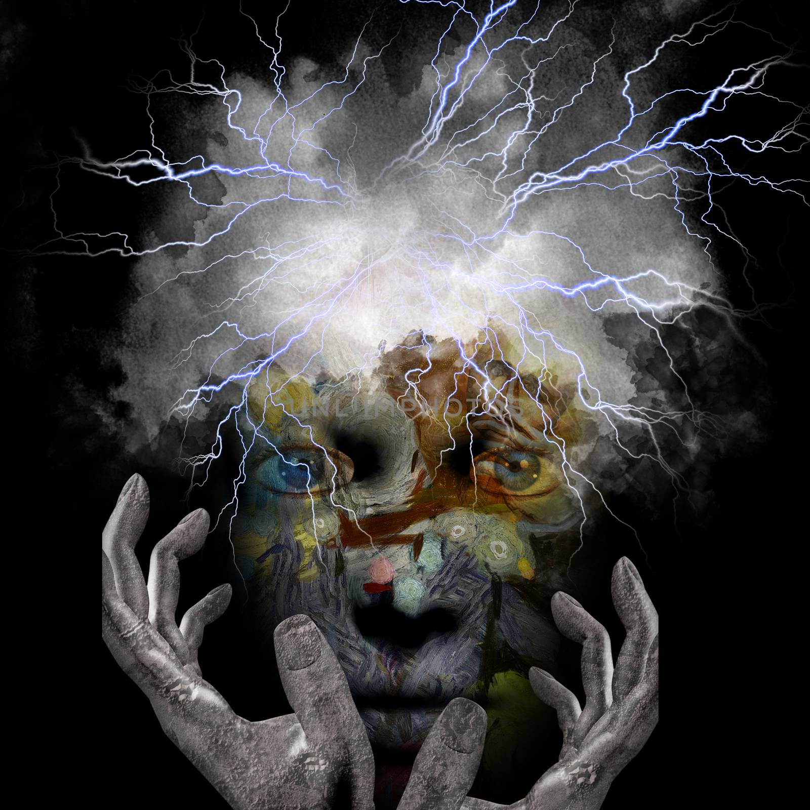 Surreal Face with lightnings and stone hands